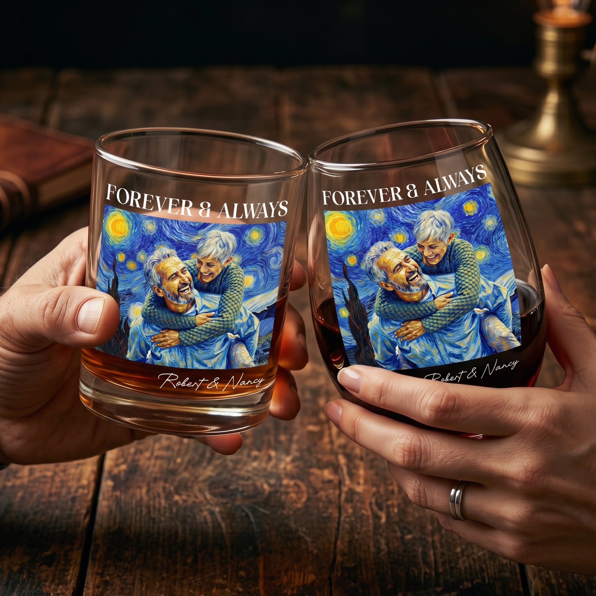 Forever & Always Couple Photo Van Gogh Art - Personalized Whiskey Glass And Wine Glass Set