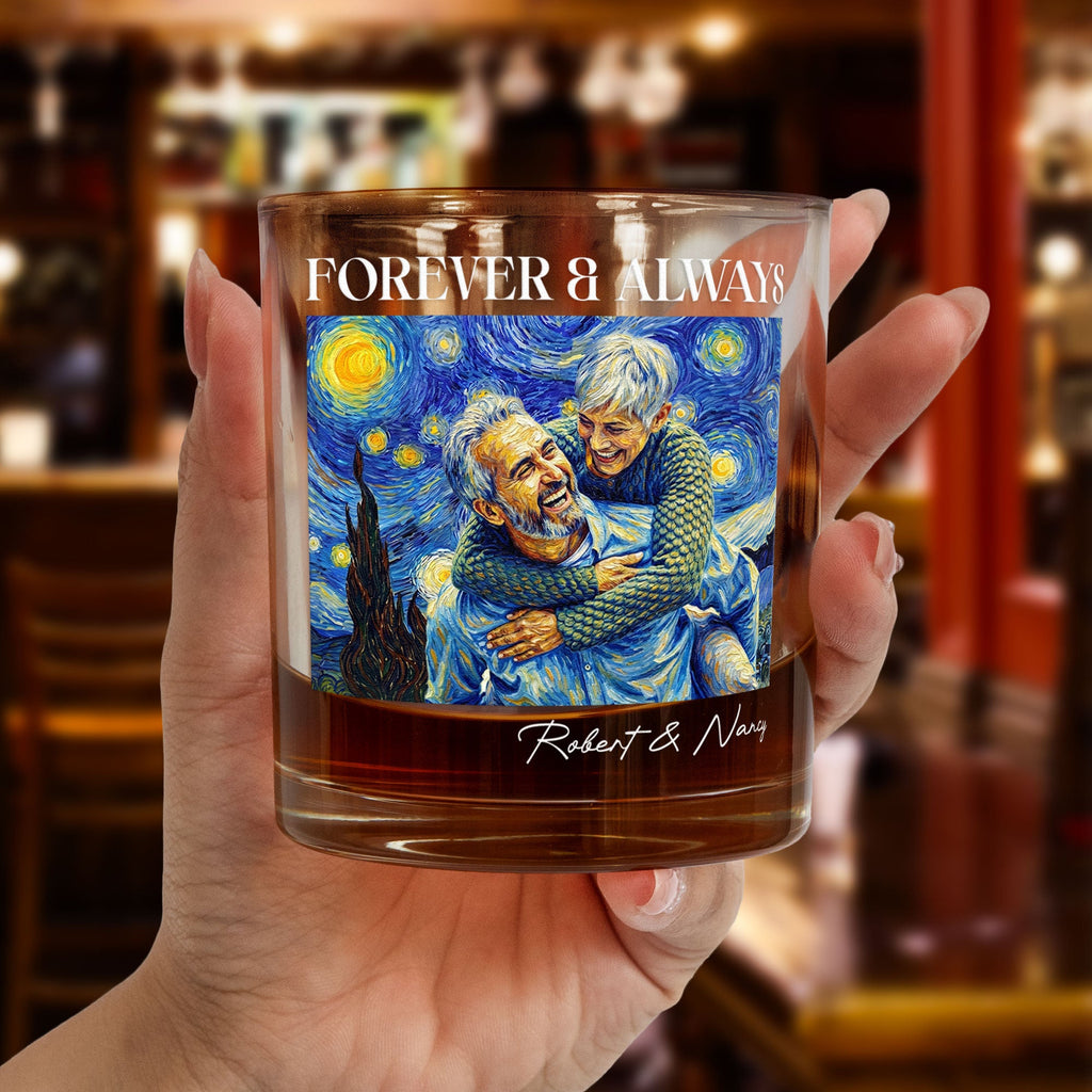 Forever & Always Couple Photo Van Gogh Art - Personalized Whiskey Glass And Wine Glass Set