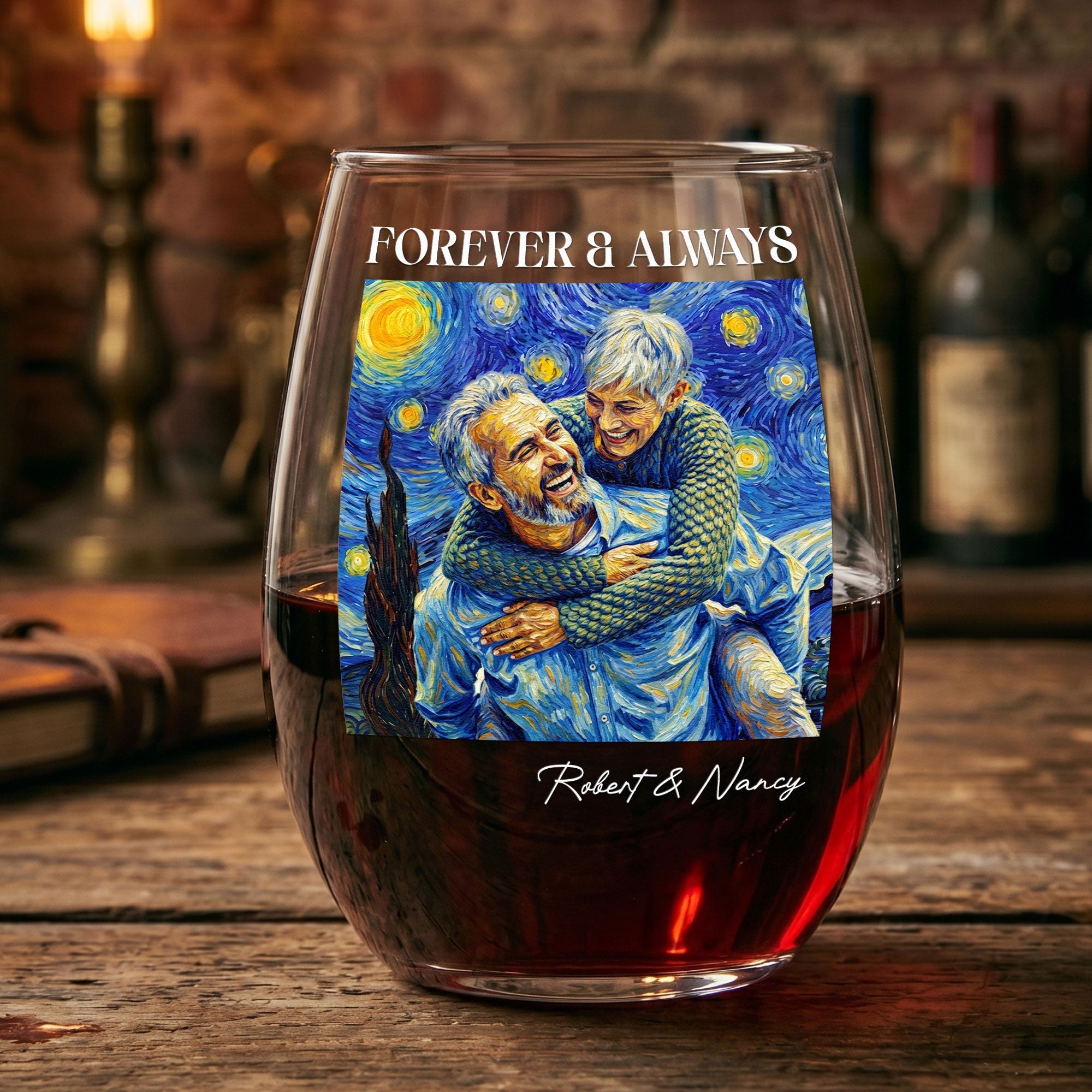Forever & Always Couple Photo Van Gogh Art - Personalized Whiskey Glass And Wine Glass Set
