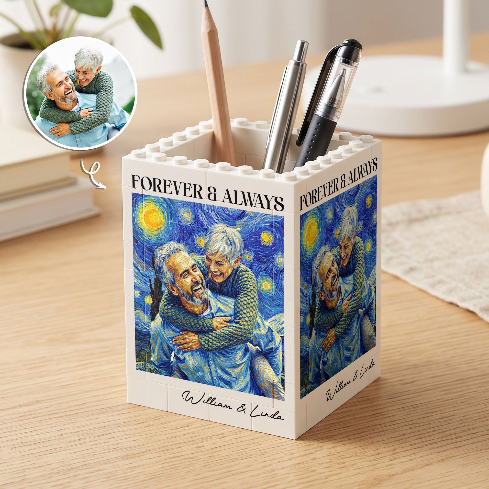 Forever & Always Custom Photo Van Gogh Art Gifts For Him - Personalized Pen Holder