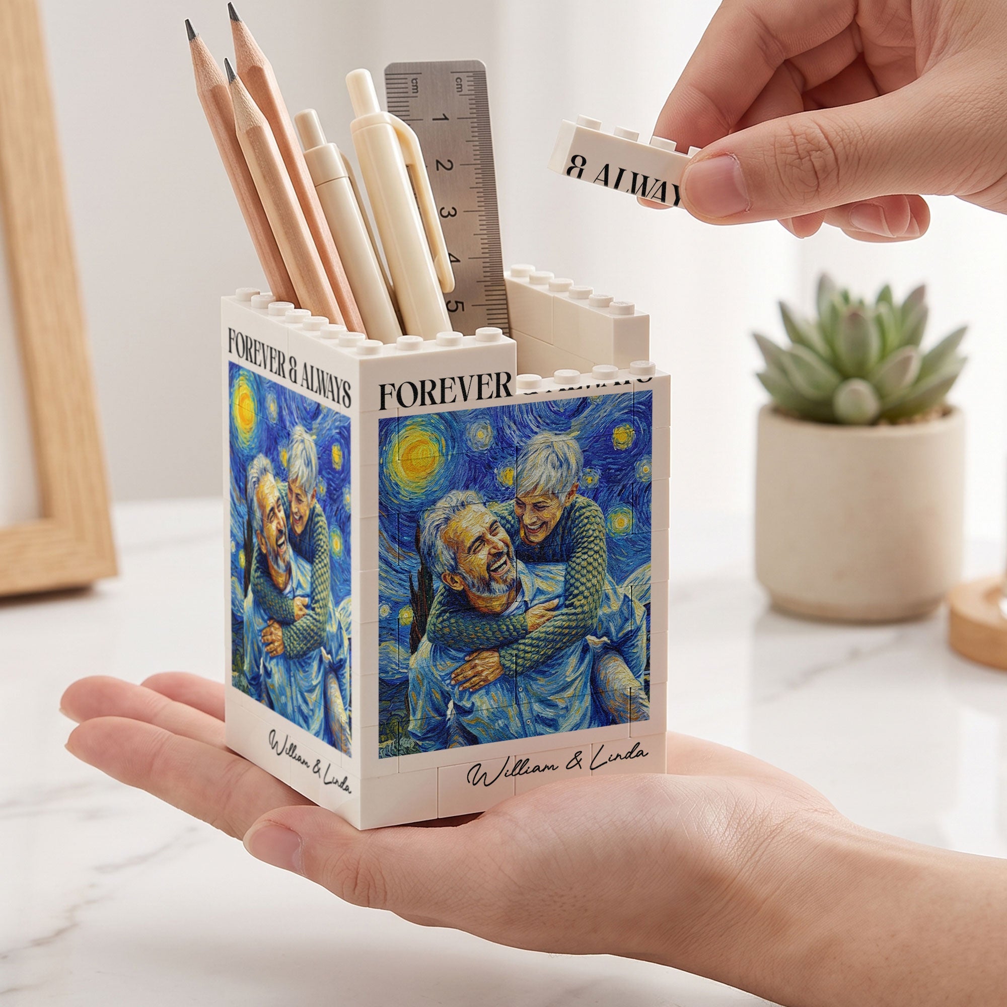 Forever & Always Custom Photo Van Gogh Art Gifts For Him - Personalized Pen Holder