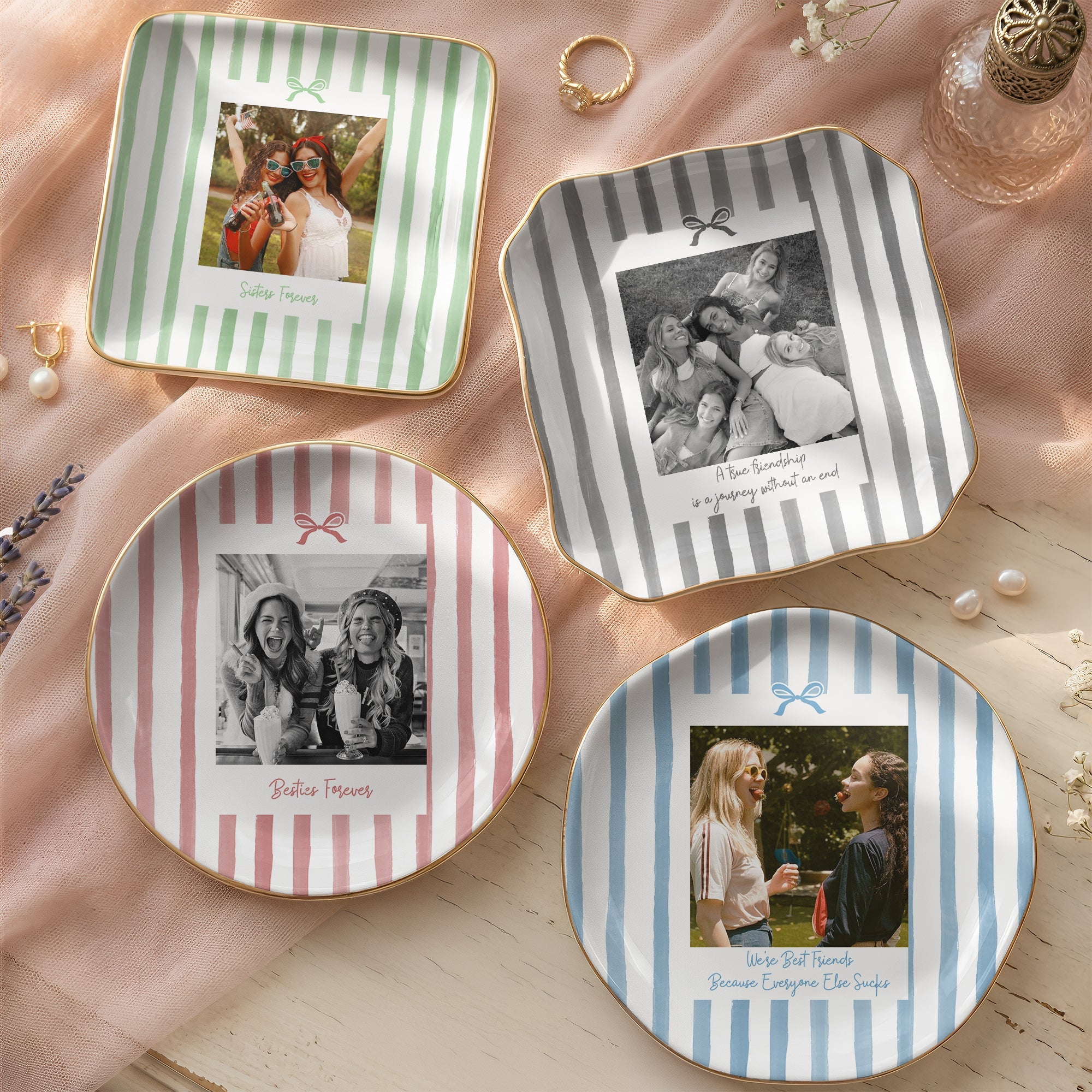 Friendship Thank You Gift - Custom Photo & Message, Ceramic Trinket Tray - Stripe With Bow - Personalized Jewelry Dish