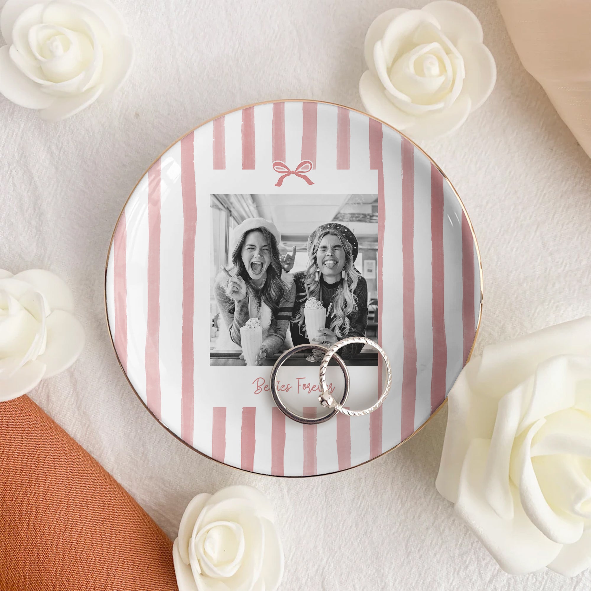 Friendship Thank You Gift - Custom Photo & Message, Ceramic Trinket Tray - Stripe With Bow - Personalized Jewelry Dish