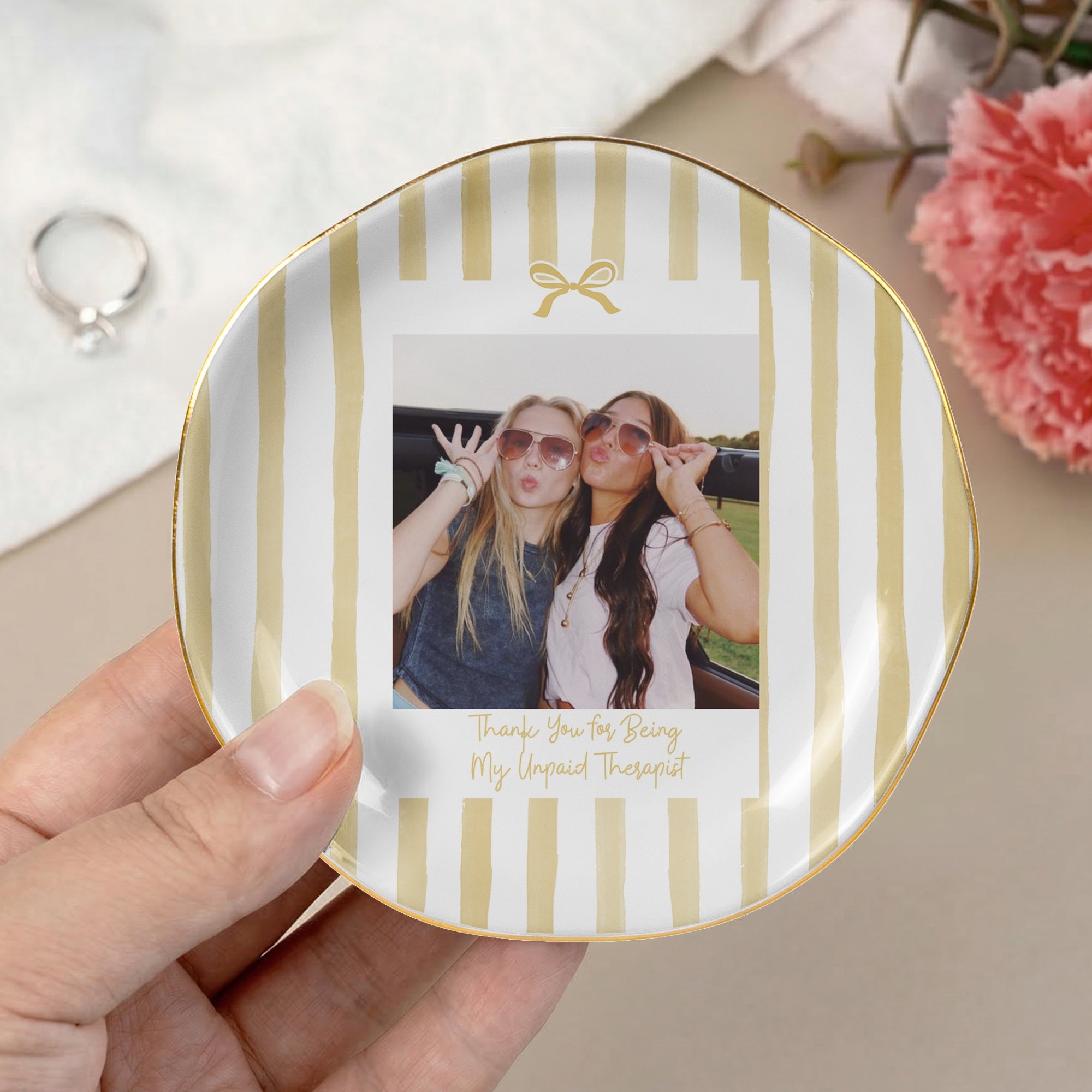 Friendship Thank You Gift - Custom Photo & Message, Ceramic Trinket Tray - Stripe With Bow - Personalized Jewelry Dish