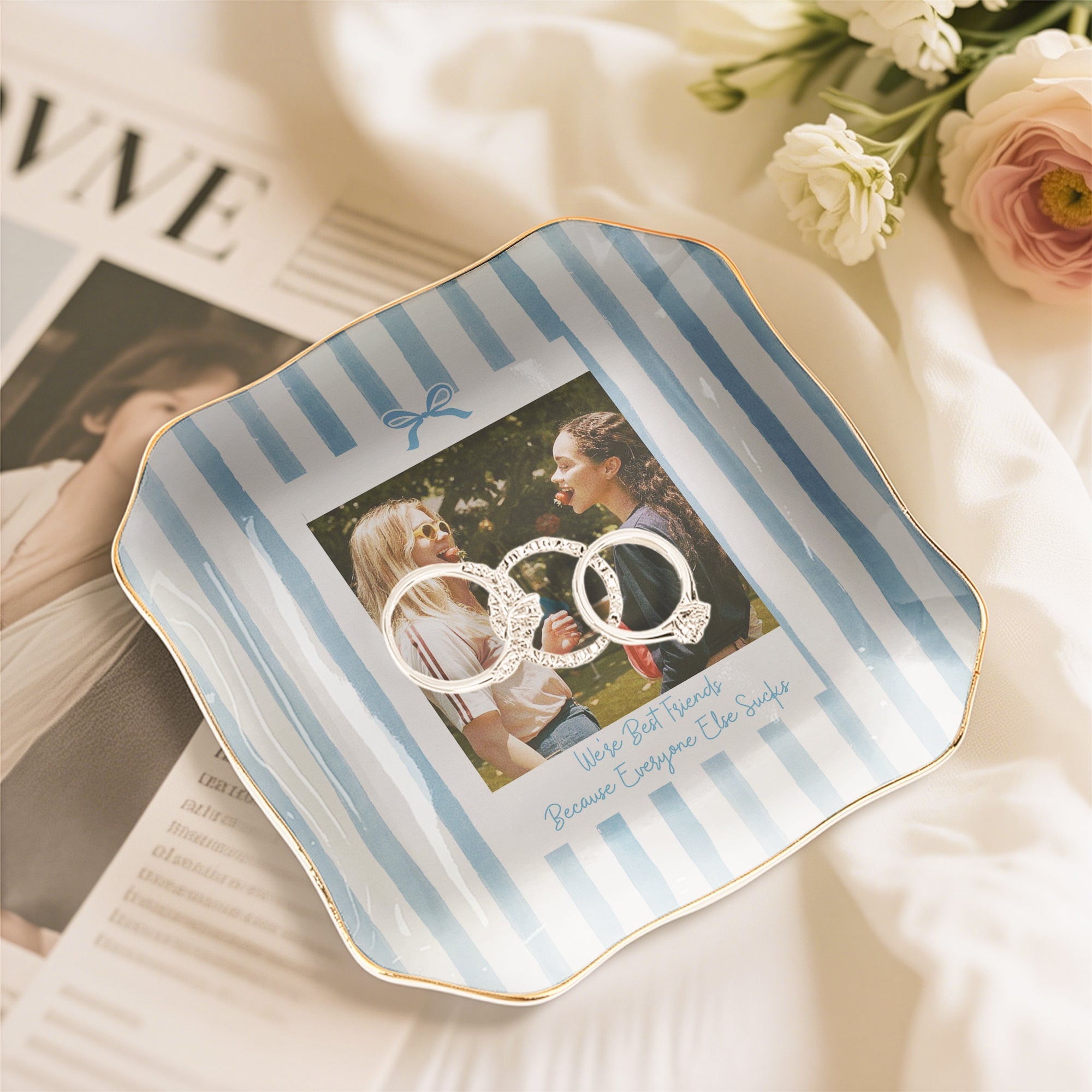 Friendship Thank You Gift - Custom Photo & Message, Ceramic Trinket Tray - Stripe With Bow - Personalized Jewelry Dish