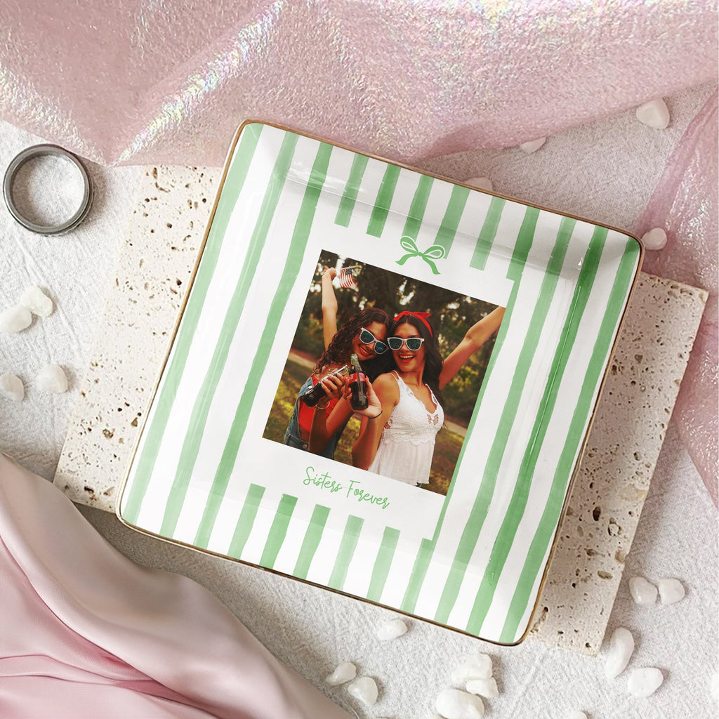 Friendship Thank You Gift - Custom Photo & Message, Ceramic Trinket Tray - Stripe With Bow - Personalized Jewelry Dish