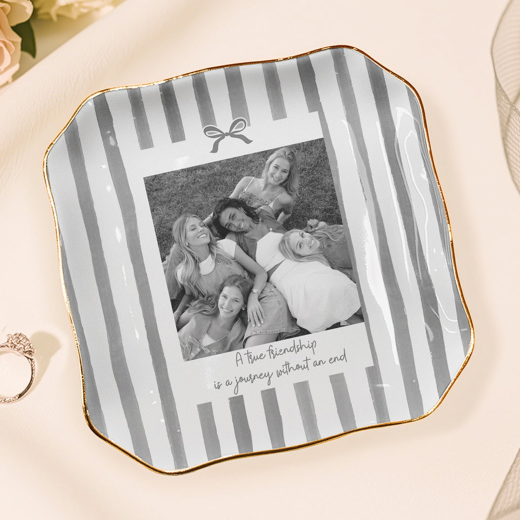 Friendship Thank You Gift - Custom Photo & Message, Ceramic Trinket Tray - Stripe With Bow - Personalized Jewelry Dish