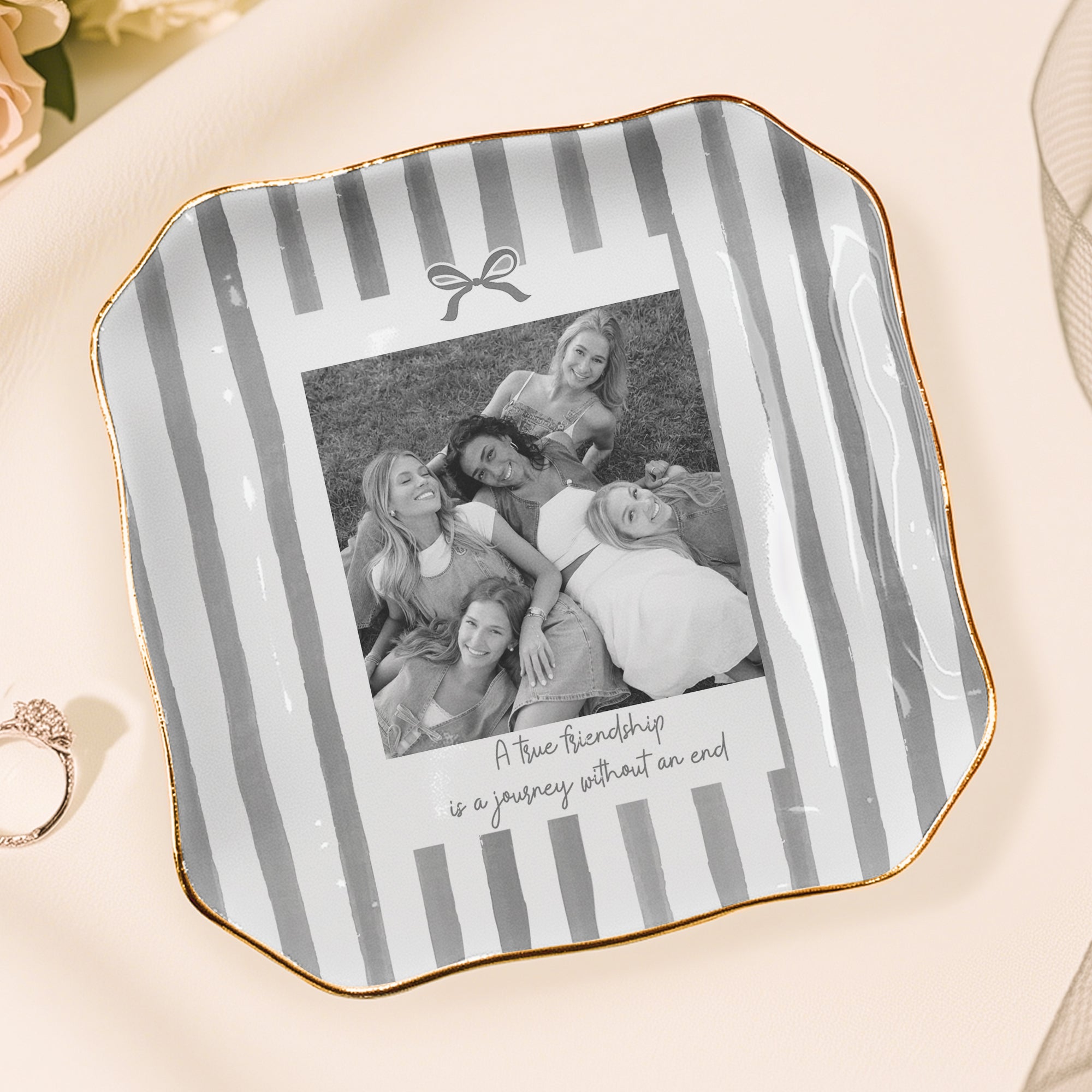 Friendship Thank You Gift - Custom Photo & Message, Ceramic Trinket Tray - Stripe With Bow - Personalized Jewelry Dish