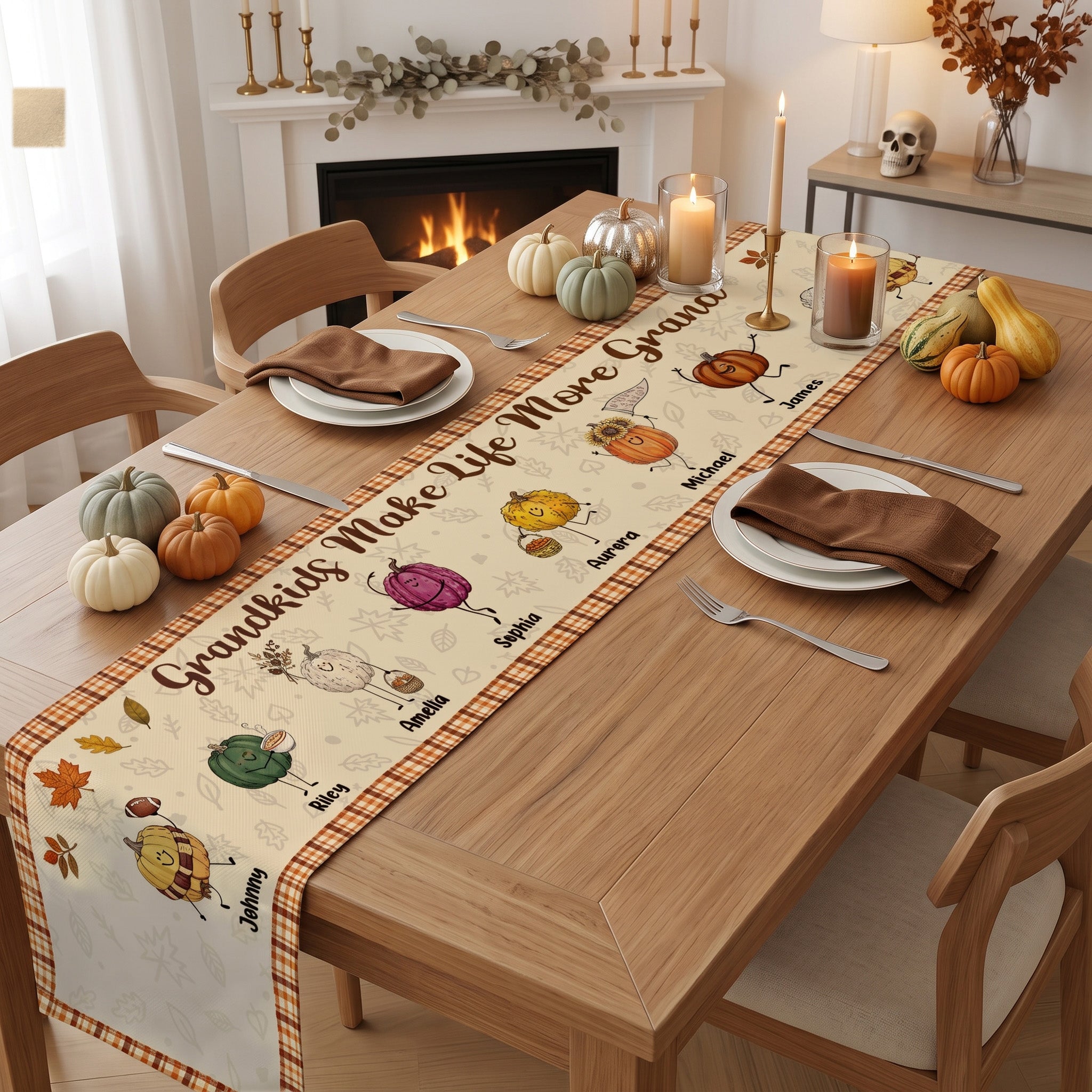 Grandkids Make Life More Grand Autumn Vibes - Personalized Table Runner