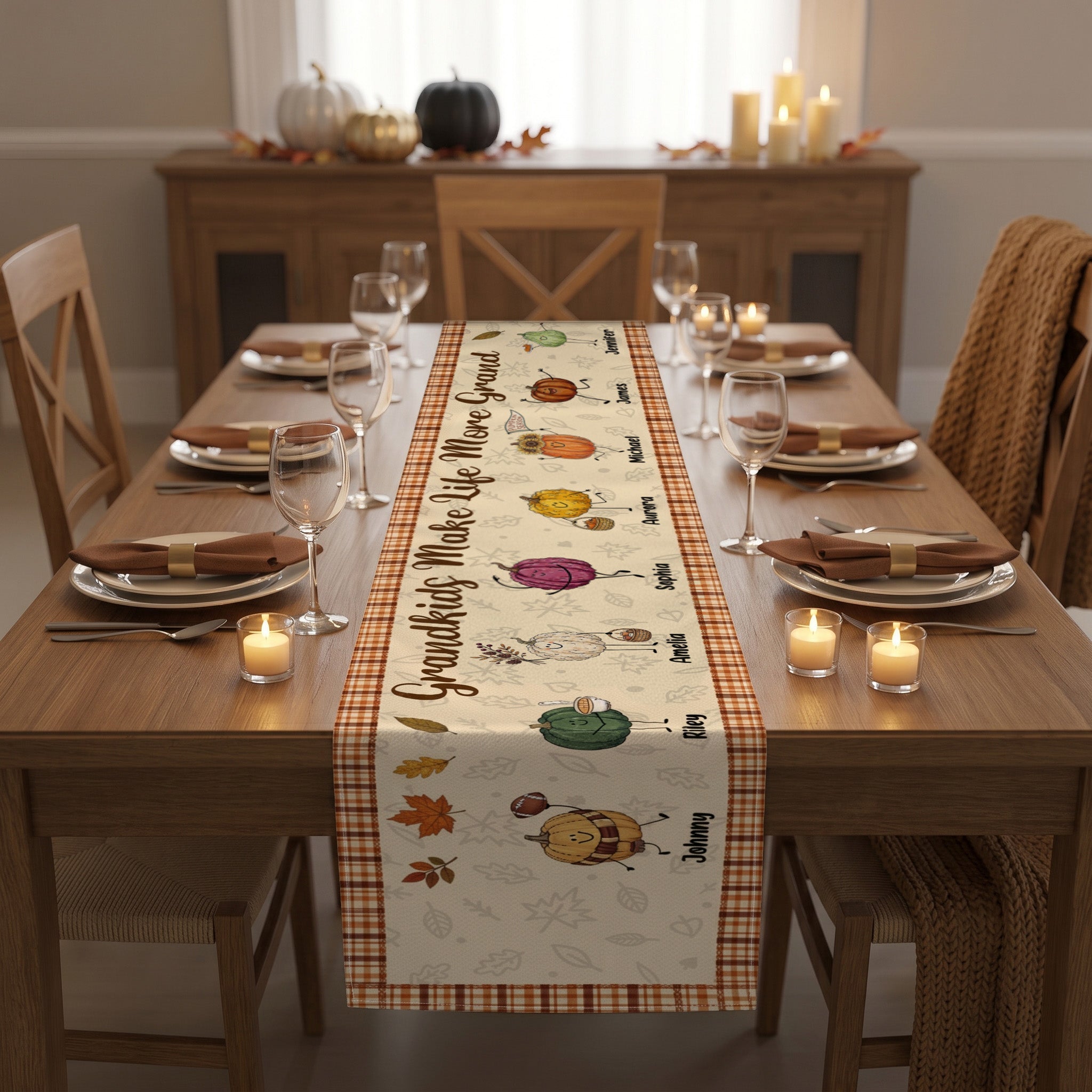 Grandkids Make Life More Grand Autumn Vibes - Personalized Table Runner