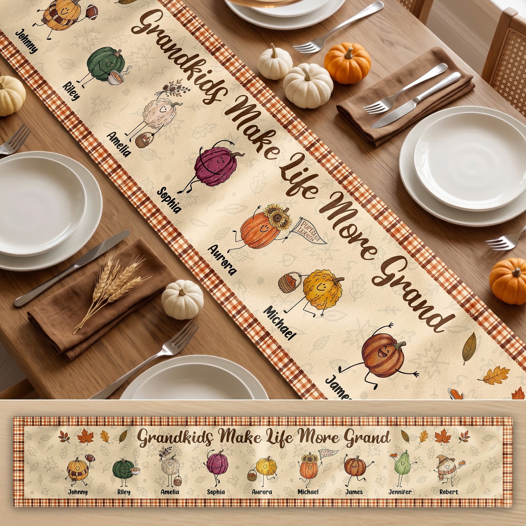 Grandkids Make Life More Grand Autumn Vibes - Personalized Table Runner