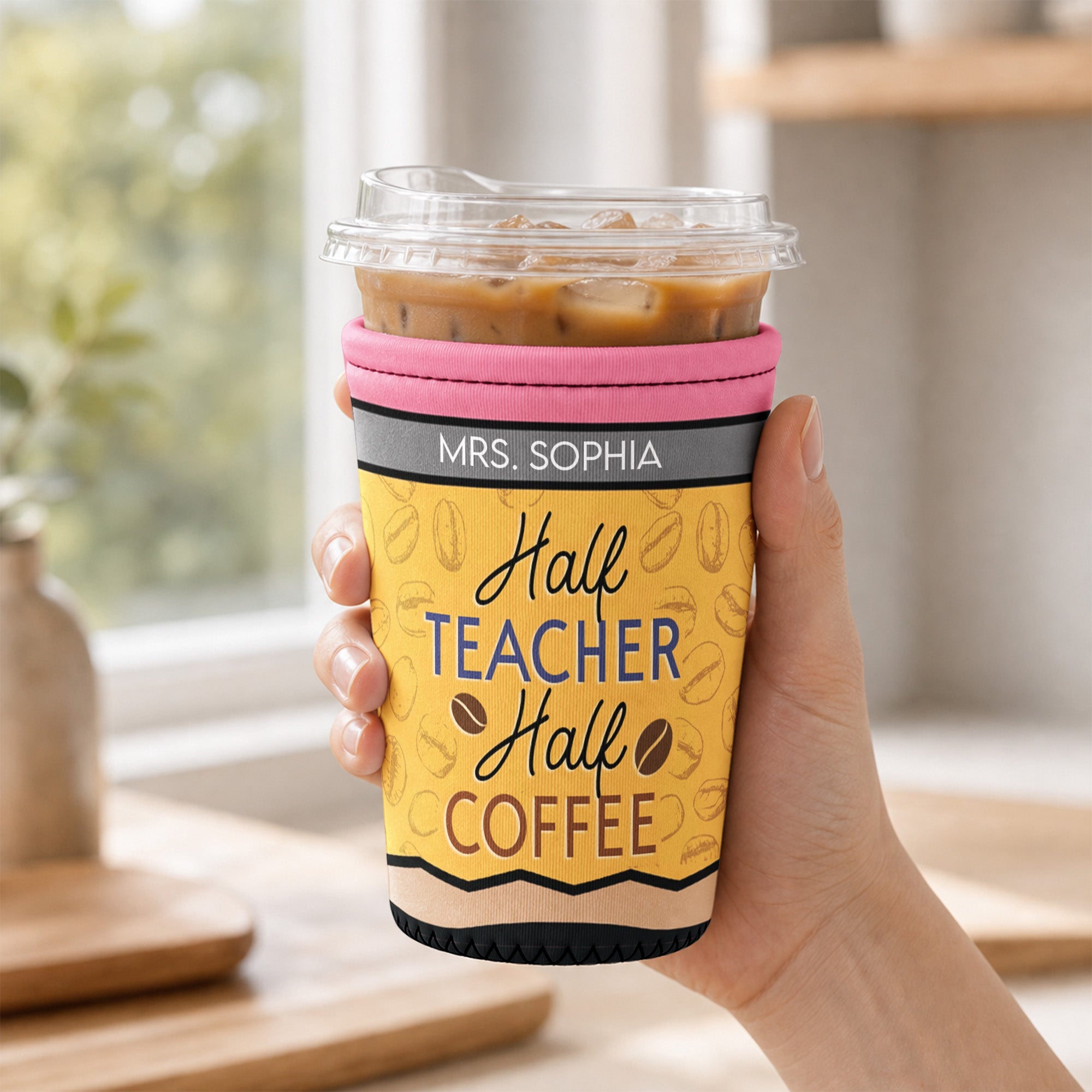 Half Teacher Half Coffee Gift For Teacher Coworker - Personalized Iced Coffee Sleeve
