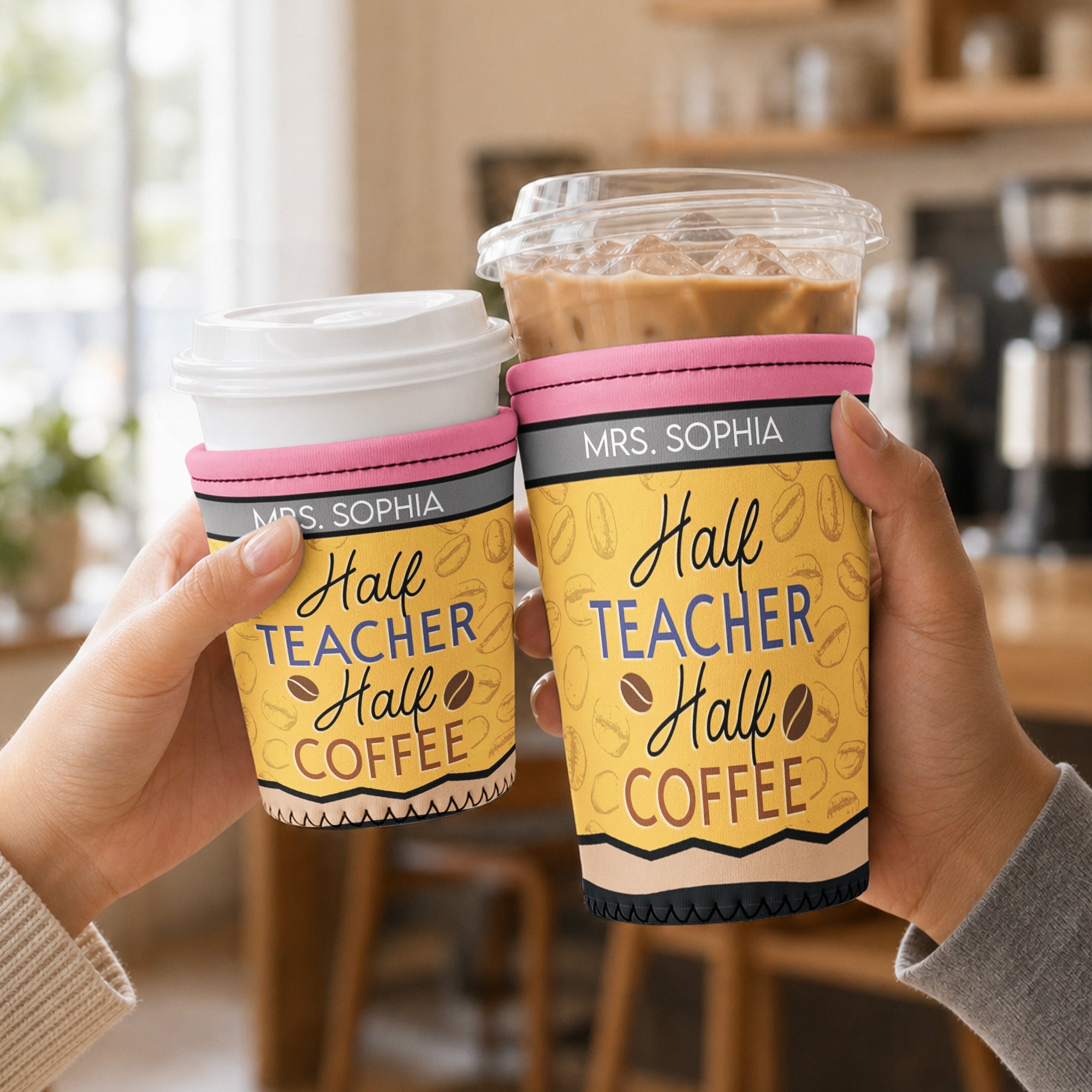 Half Teacher Half Coffee Gift For Teacher Coworker - Personalized Iced Coffee Sleeve