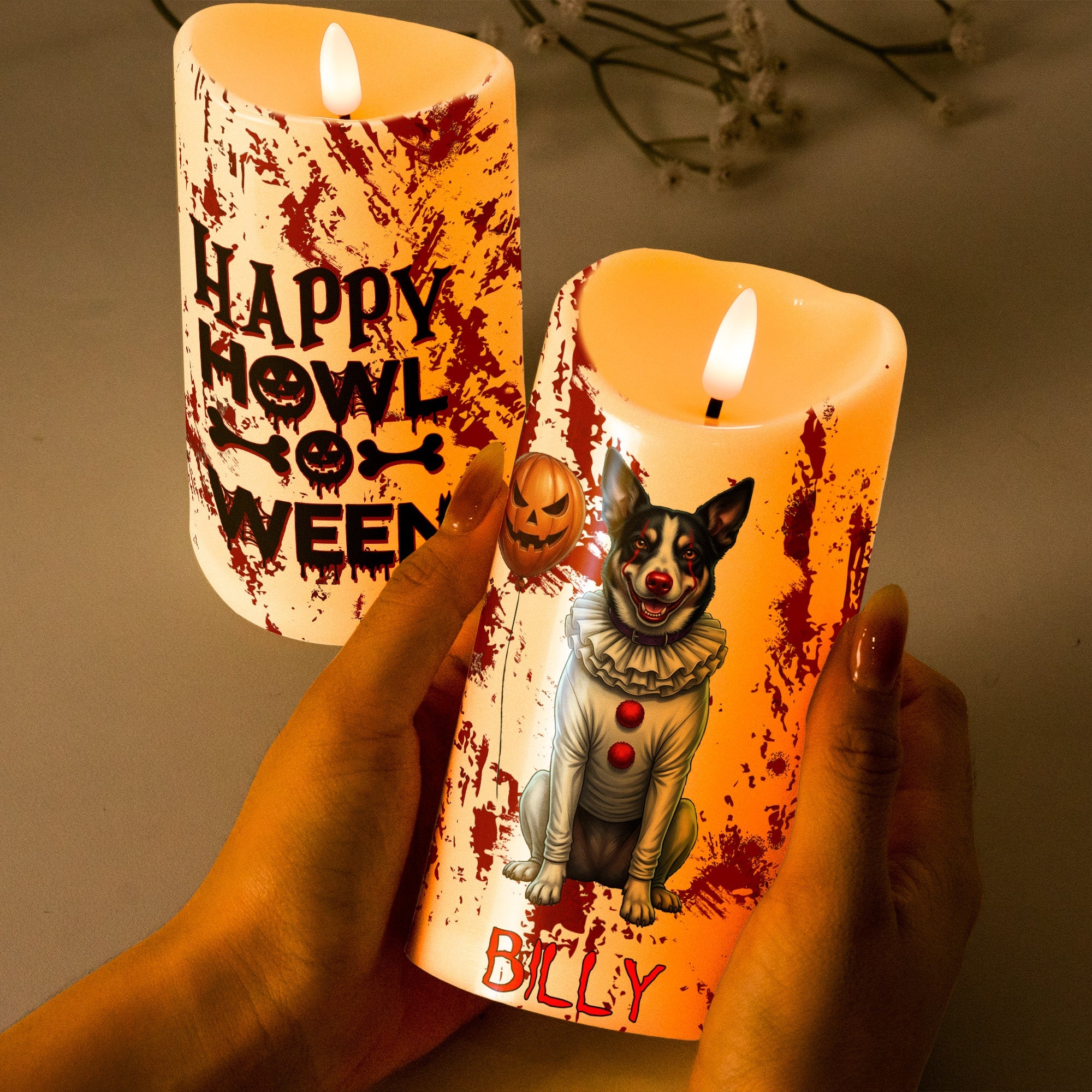 Halloween Decor Custom Pet Photo Happy Howloween Scary Clown - Personalized Candles