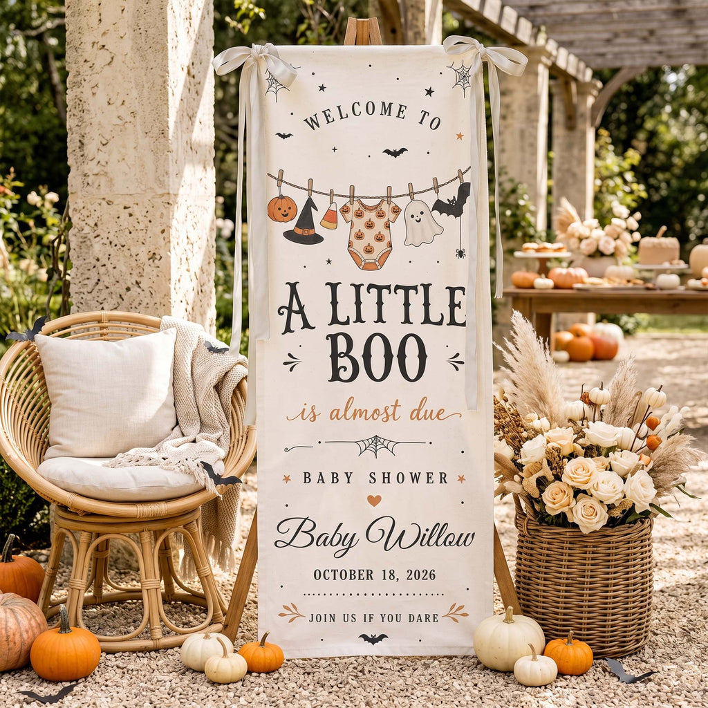 Halloween Baby Shower, Little Boo Is Almost Due Banner - Personalized Welcome Sign