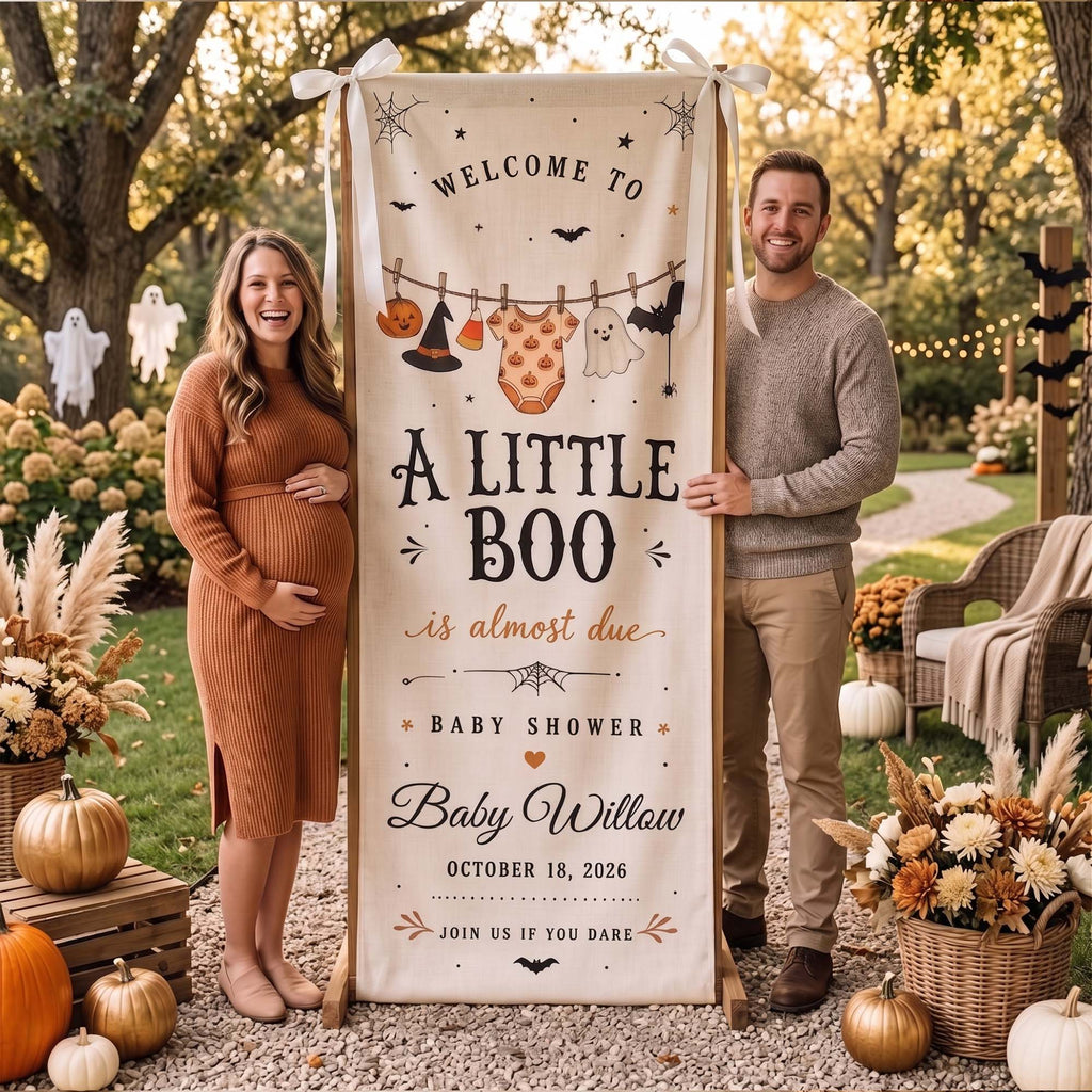 Halloween Baby Shower, Little Boo Is Almost Due Banner - Personalized Welcome Sign