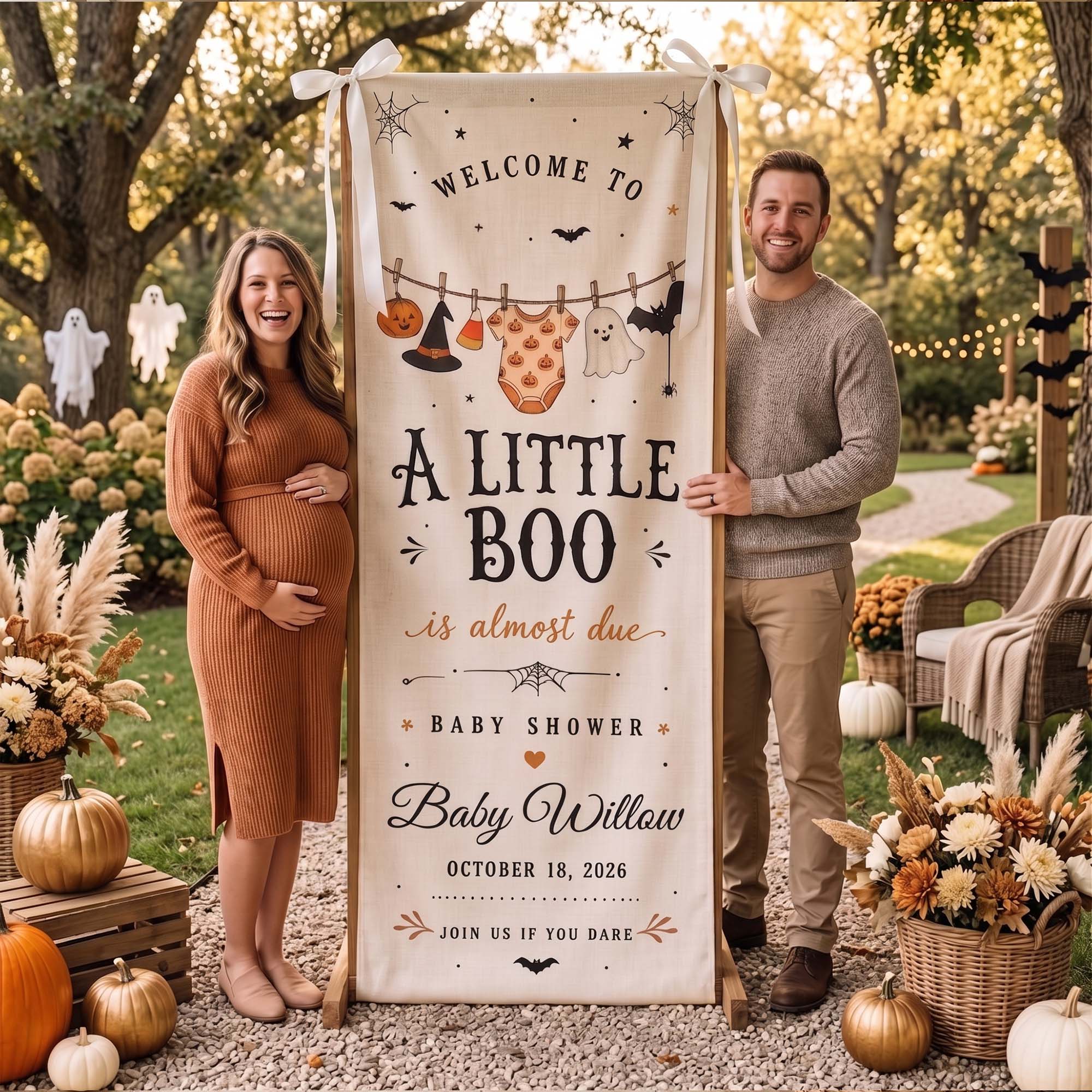Halloween Baby Shower, Little Boo Is Almost Due Banner - Personalized Welcome Sign