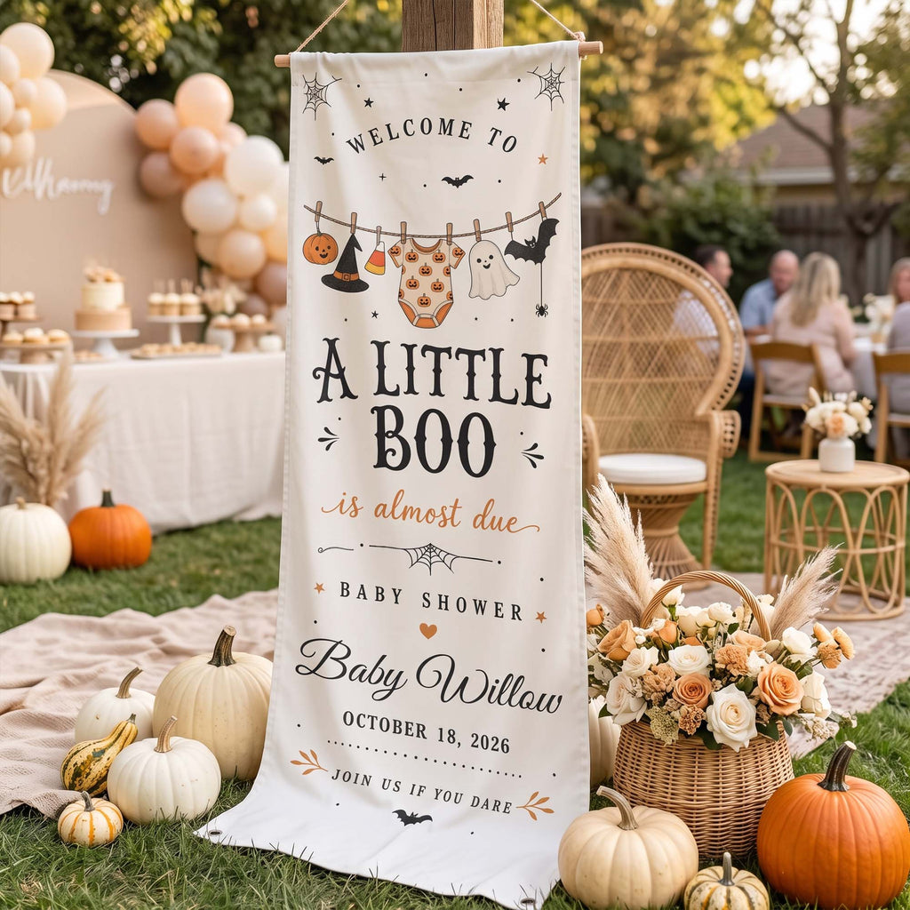 Halloween Baby Shower, Little Boo Is Almost Due Banner - Personalized Welcome Sign
