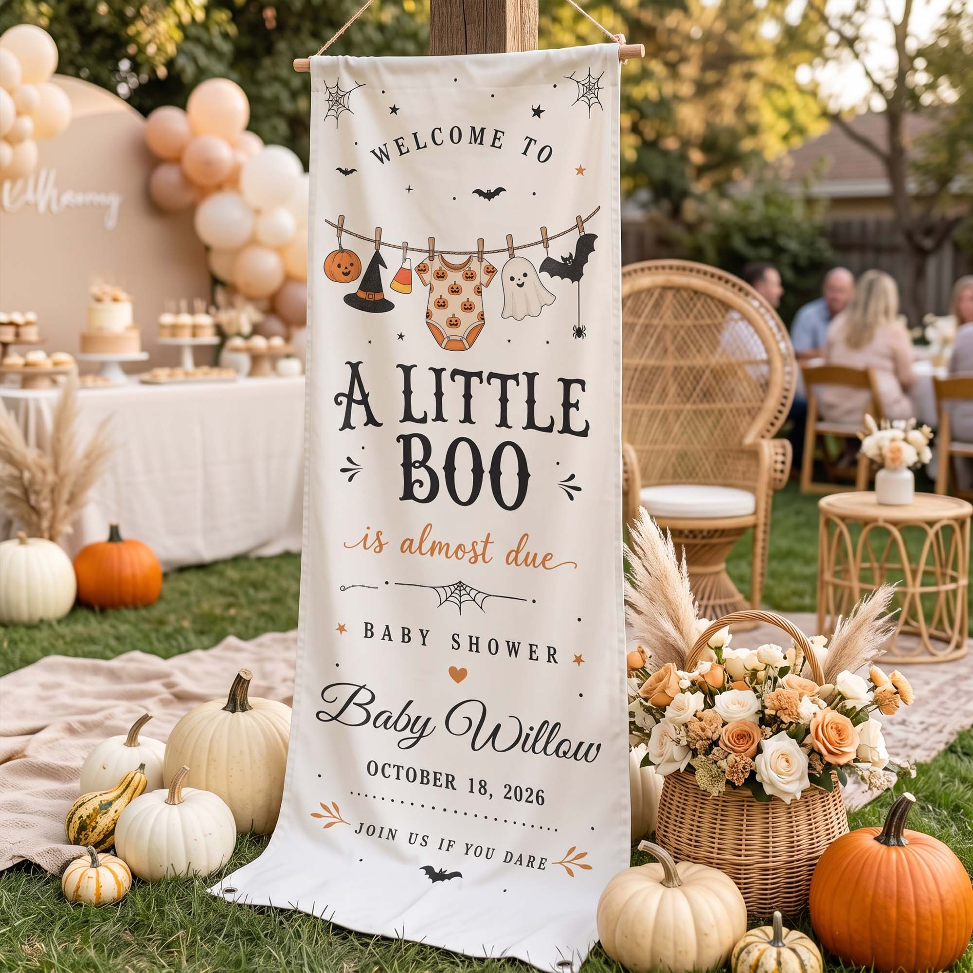 Halloween Baby Shower, Little Boo Is Almost Due Banner - Personalized Welcome Sign