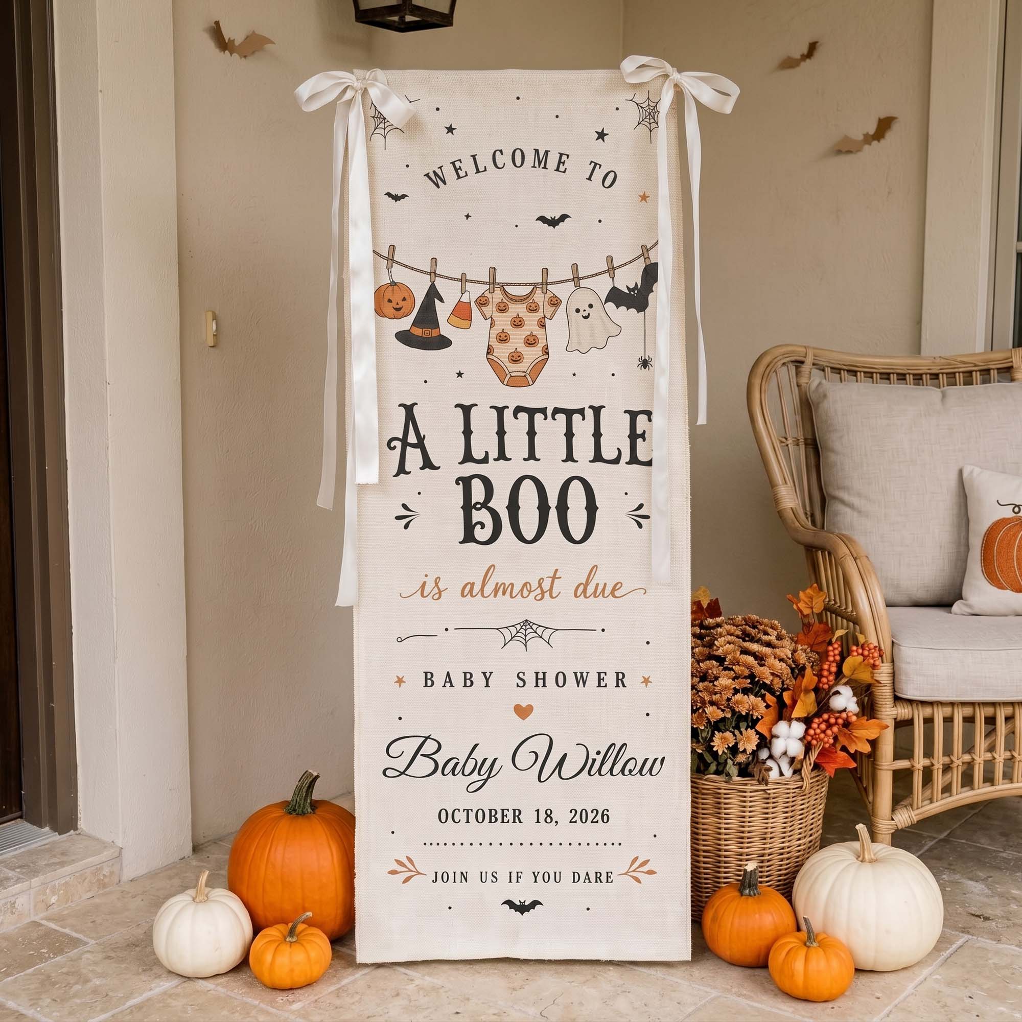 Halloween Baby Shower, Little Boo Is Almost Due Banner - Personalized Welcome Sign