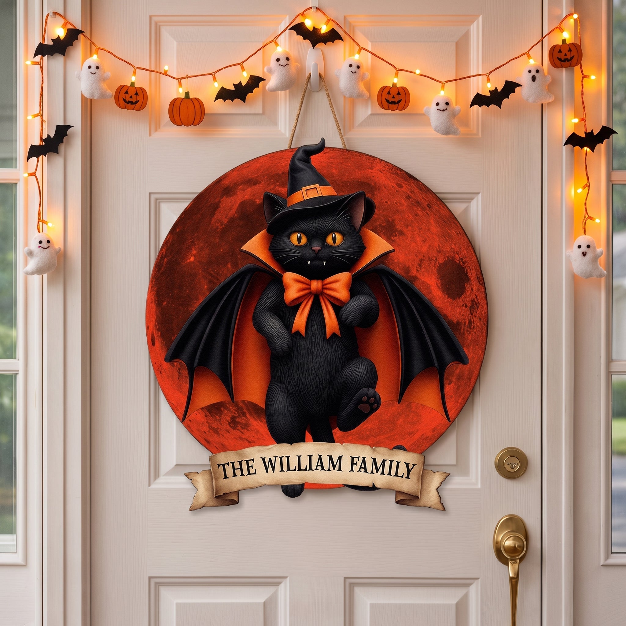 Halloween Black Cat Vampire Halloween Moon - Personalized Wood Sign