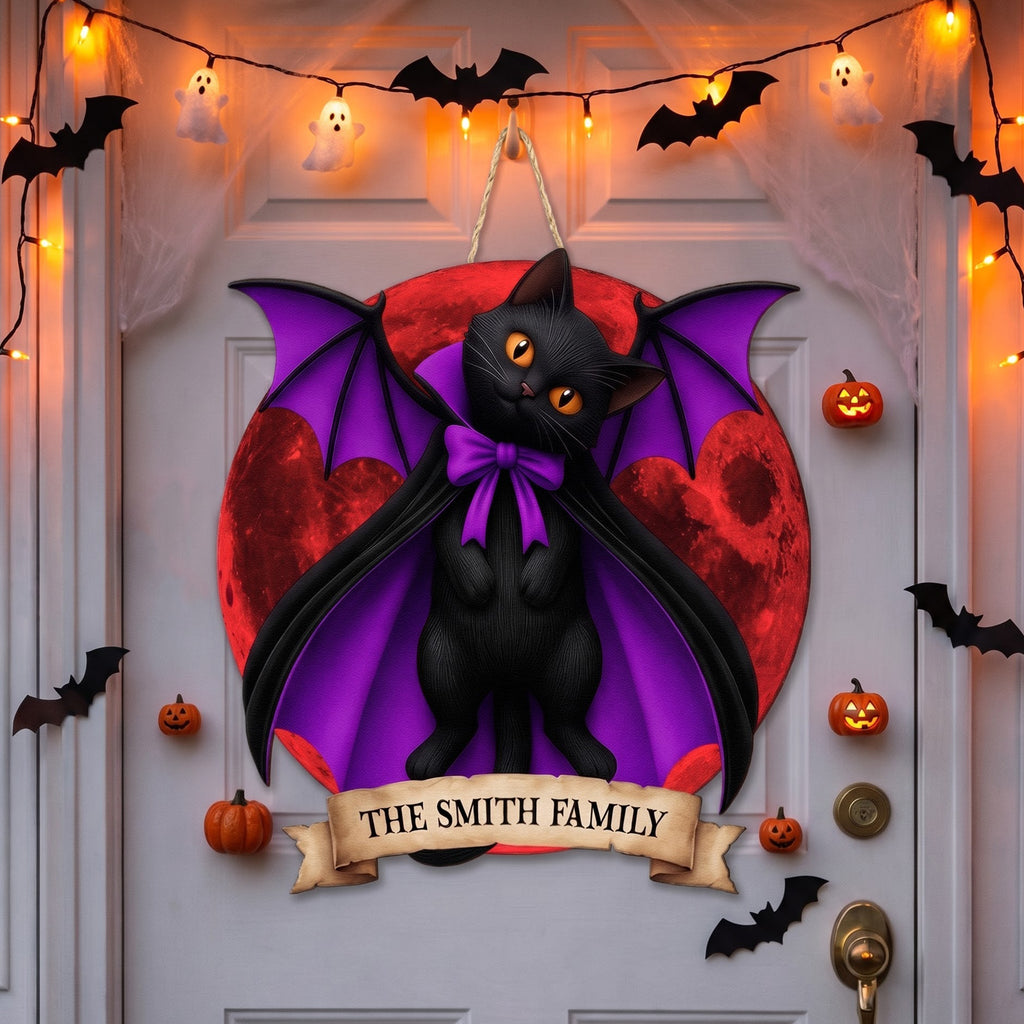 Halloween Black Cat Vampire Halloween Moon - Personalized Wood Sign