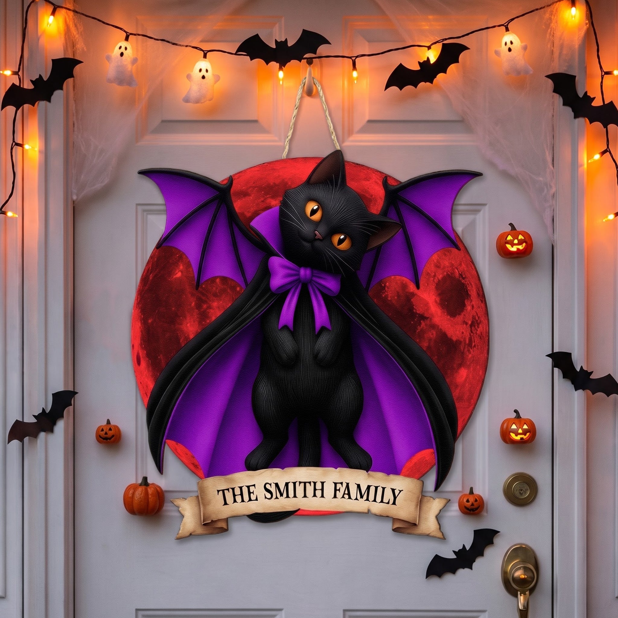 Halloween Black Cat Vampire Halloween Moon - Personalized Wood Sign