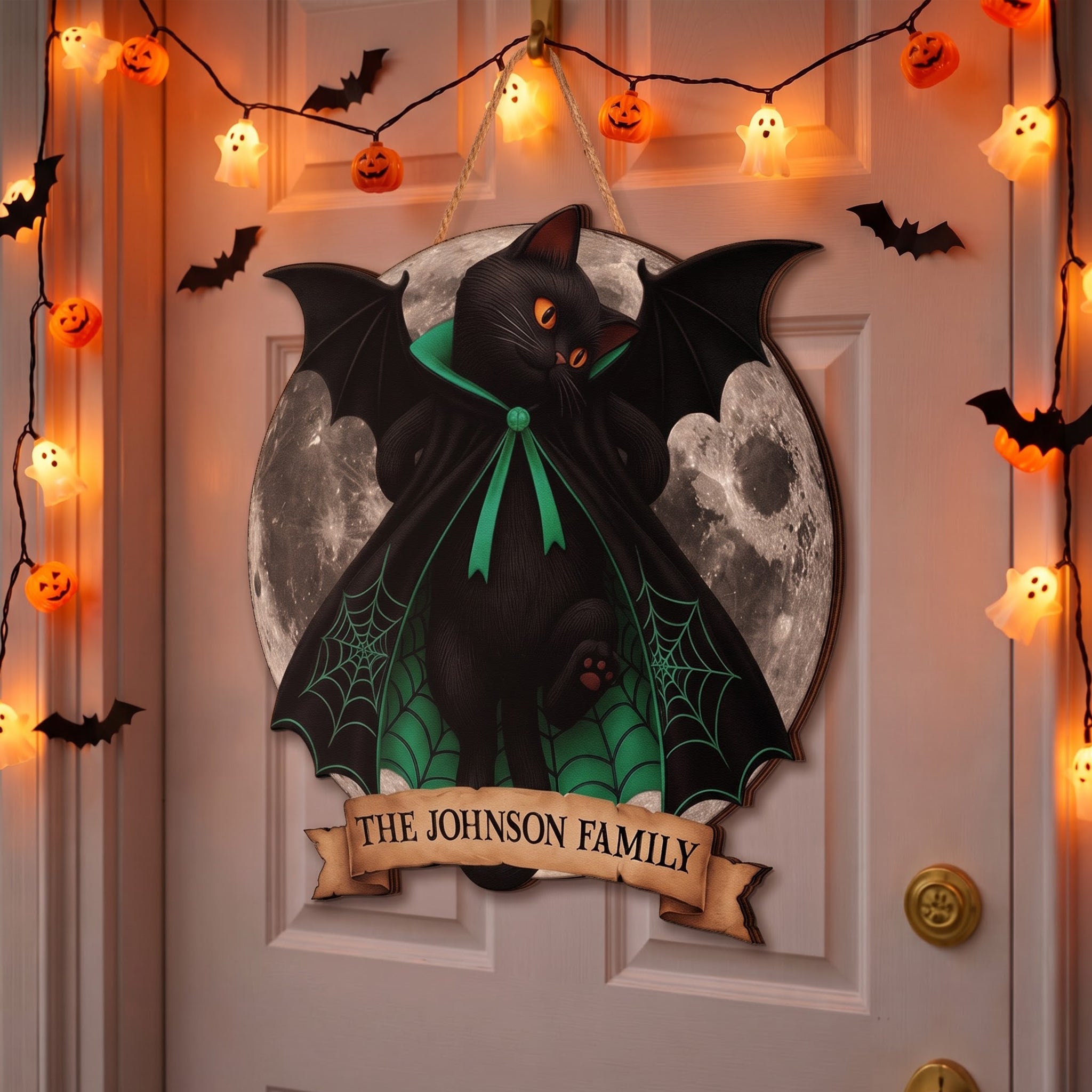 Halloween Black Cat Vampire Halloween Moon - Personalized Wood Sign