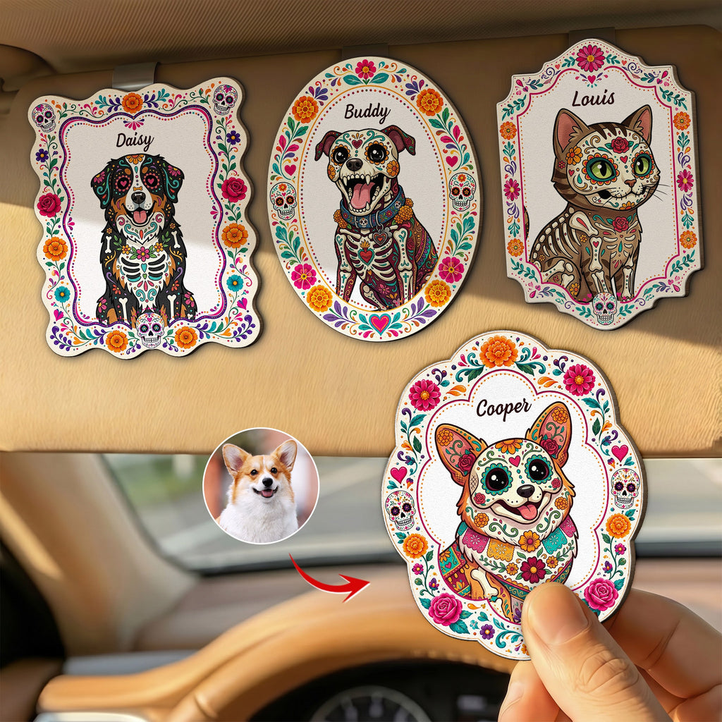 Hispanic Floral Pet Day Of The Dead Gifts For Pet Owners - Personalized Car Visor Clip
