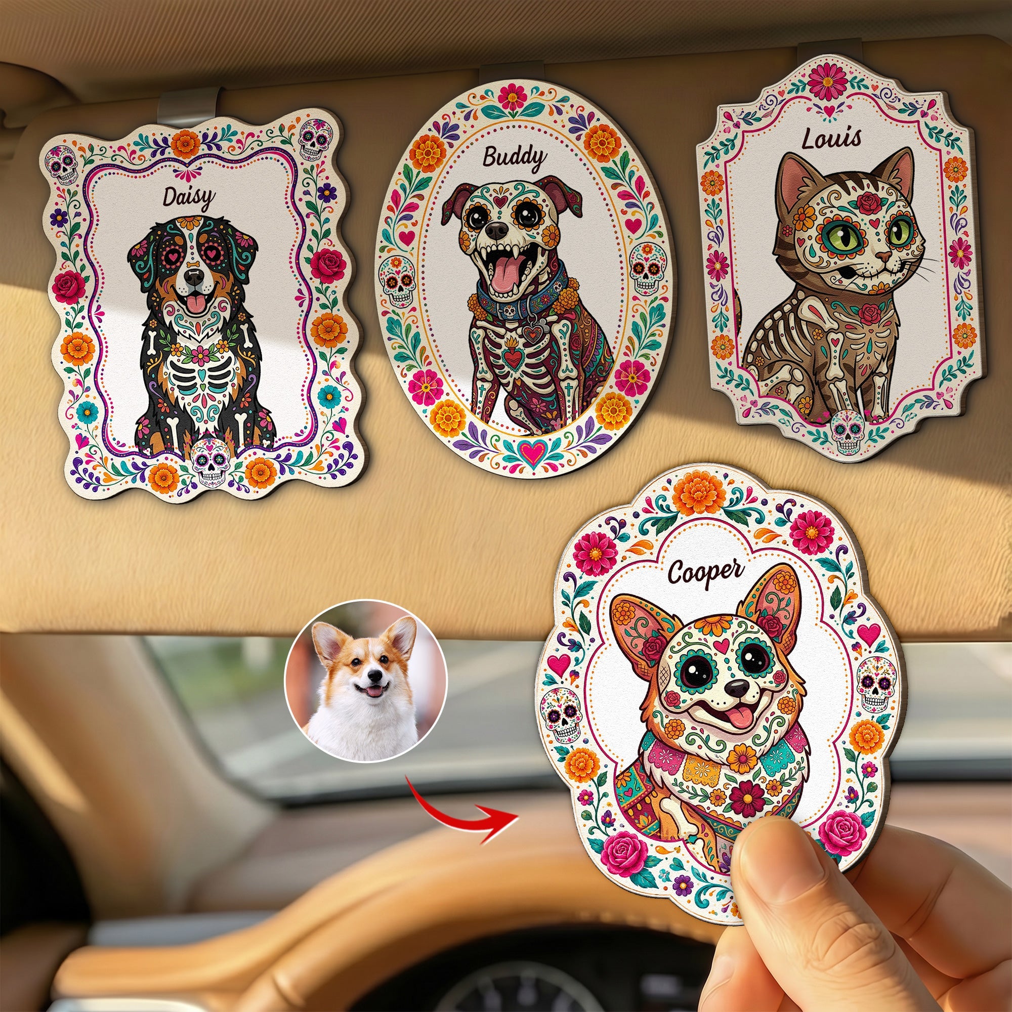 Hispanic Floral Pet Day Of The Dead Gifts For Pet Owners - Personalized Car Visor Clip