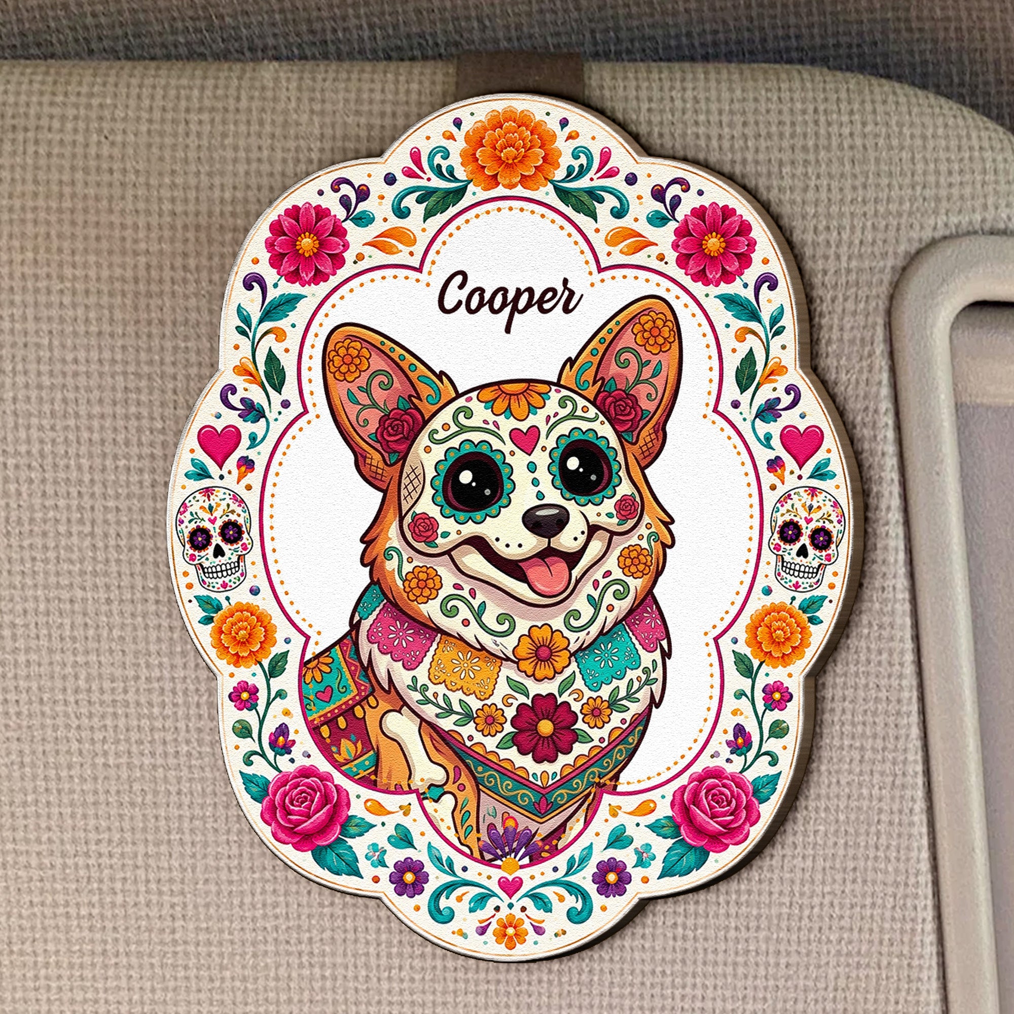 Hispanic Floral Pet Day Of The Dead Gifts For Pet Owners - Personalized Car Visor Clip