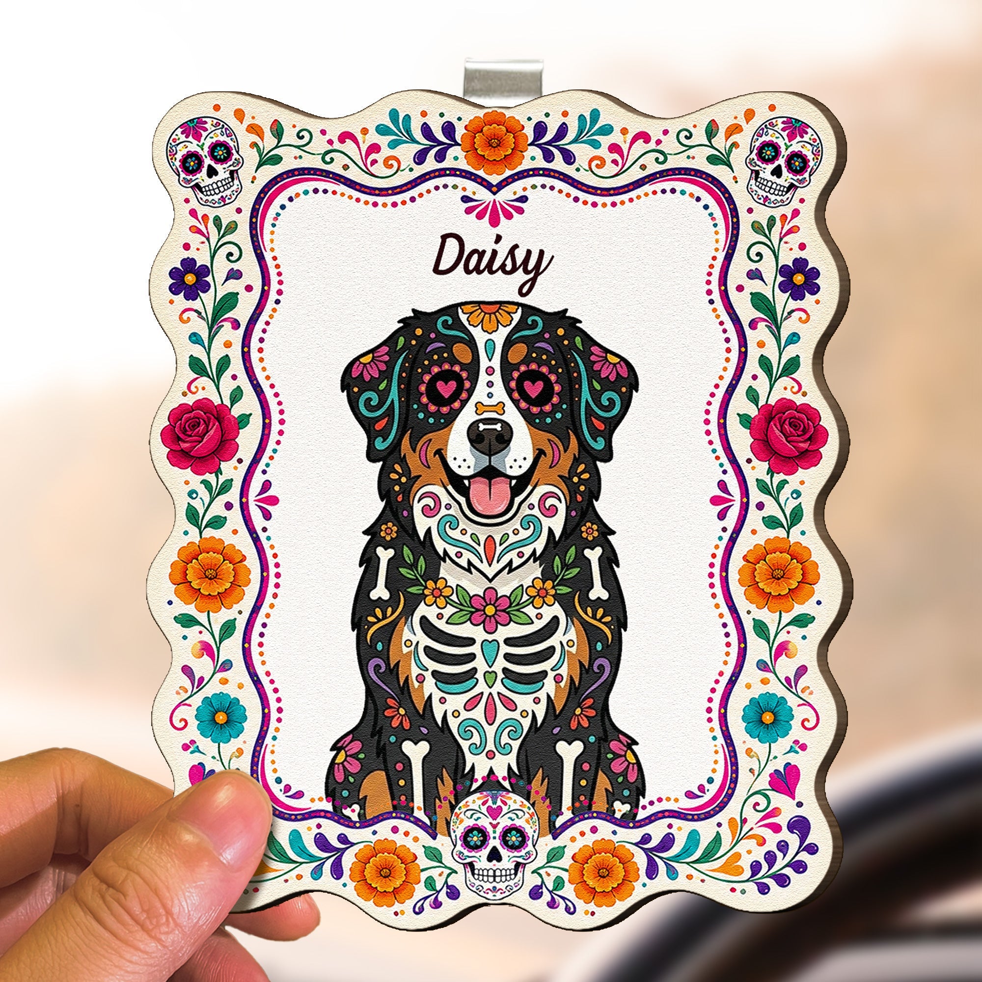 Hispanic Floral Pet Day Of The Dead Gifts For Pet Owners - Personalized Car Visor Clip