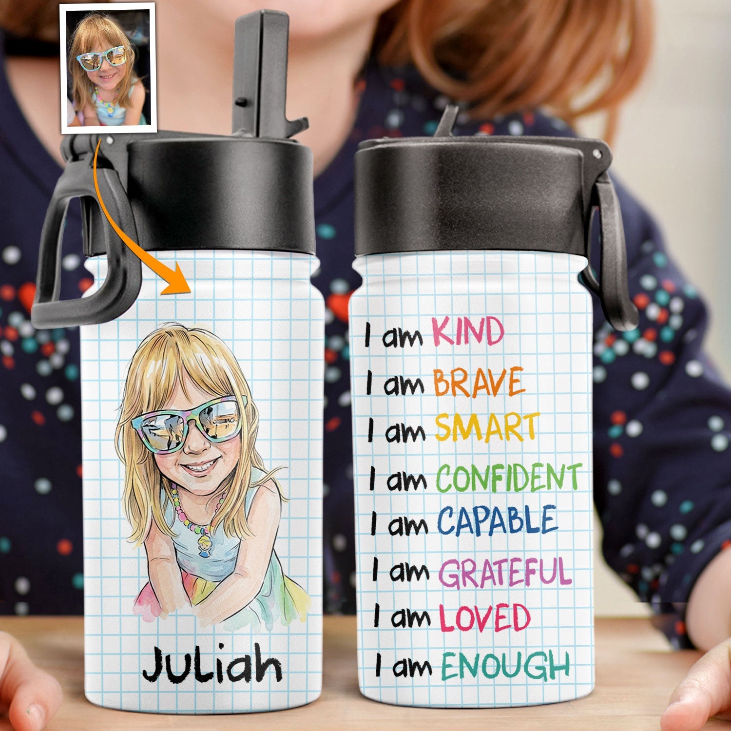 I Am Kind Affirmation Watercolor Art - Personalized Water Bottle