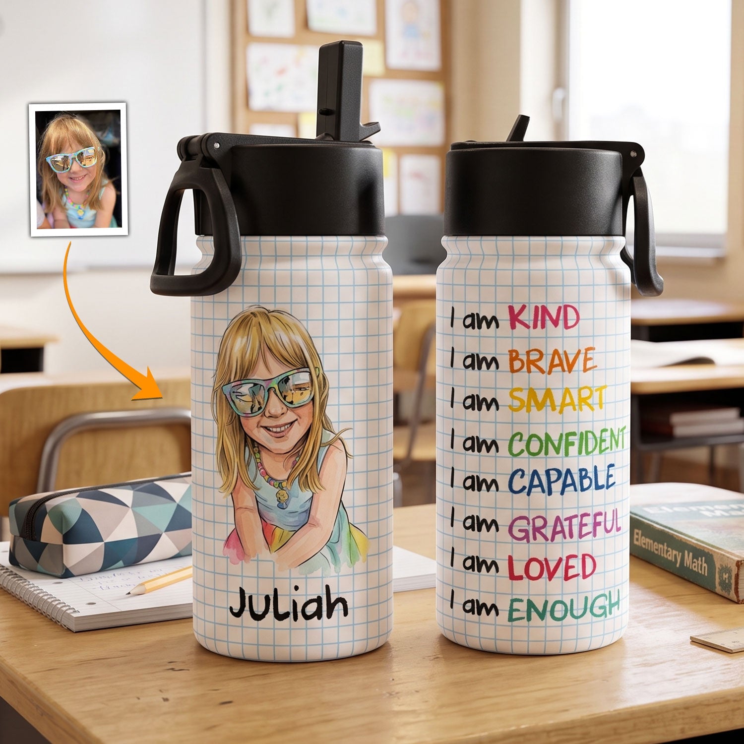 I Am Kind Affirmation Watercolor Art - Personalized Water Bottle