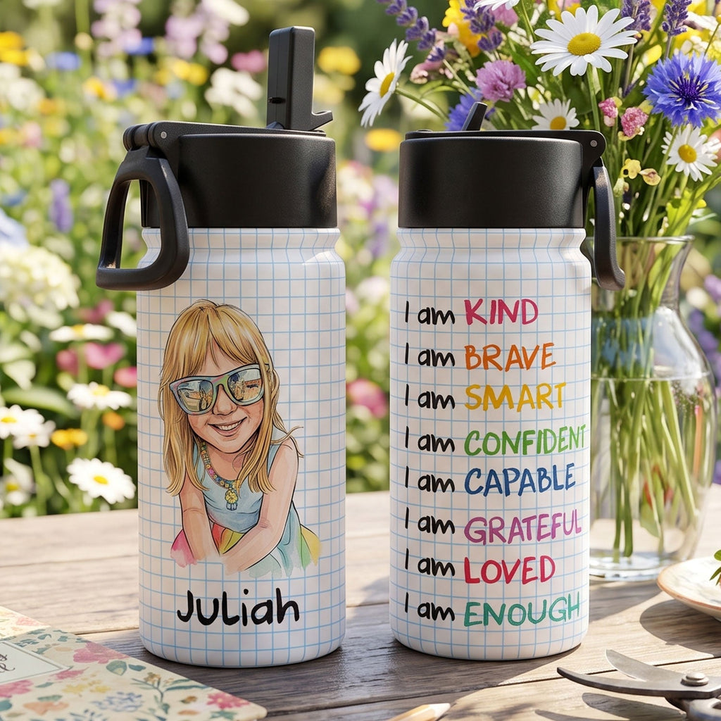 I Am Kind Affirmation Watercolor Art - Personalized Water Bottle