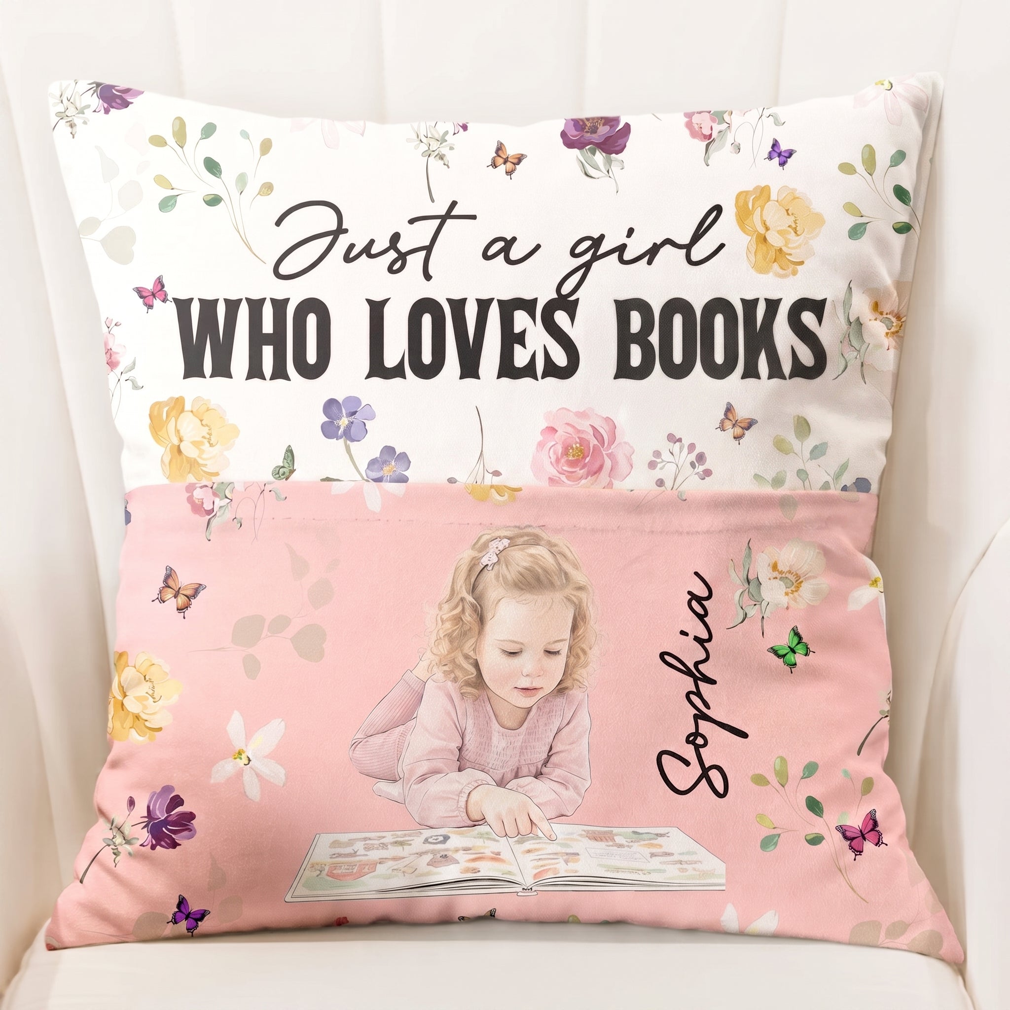 Just A Girl Who Loves Books, Portrait Photo, Watercolor Style - Personalized Pillow
