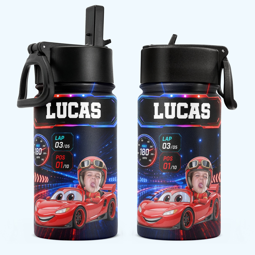 Kid Racing Custom Photo - Personalized Water Bottle