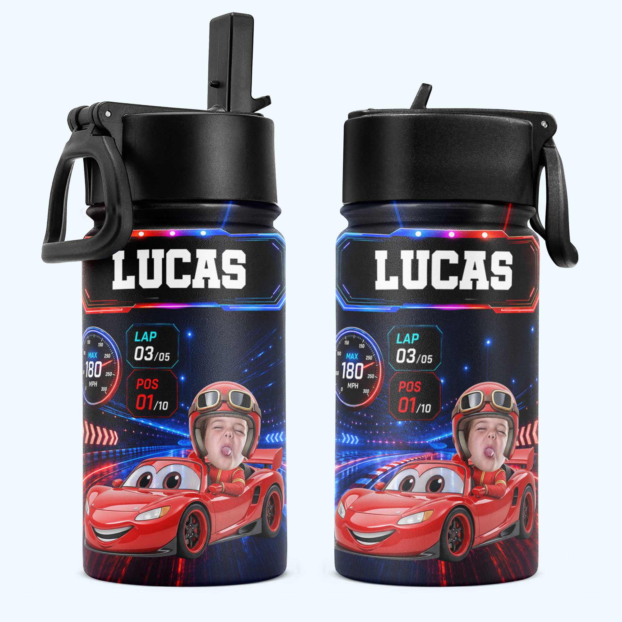 Kid Racing Custom Photo - Personalized Water Bottle