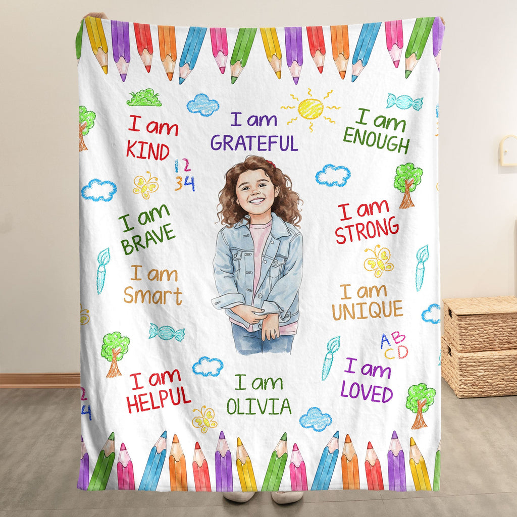 Kid Affirmations I Am Kind Smart Loved Watercolor - Personalized Blanket