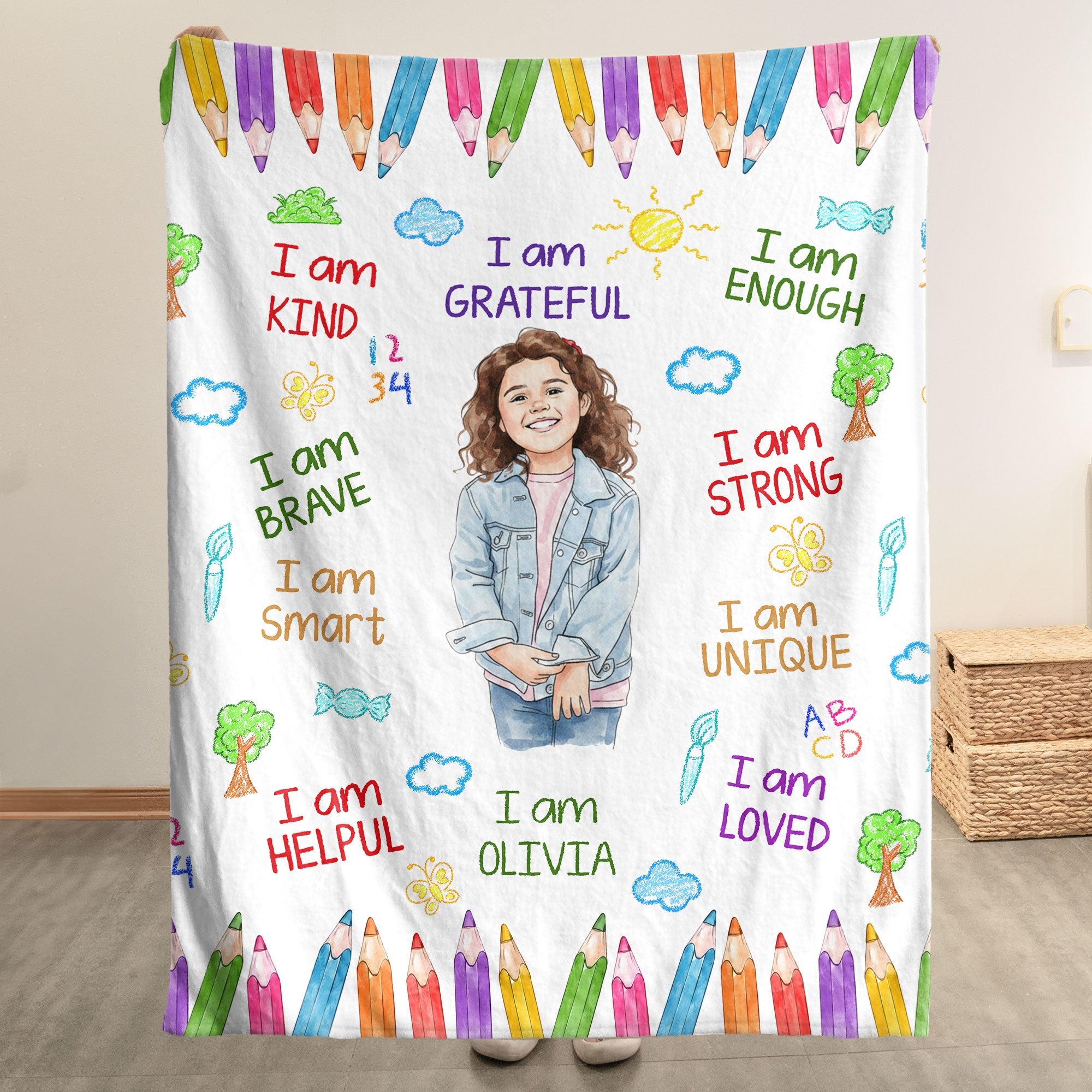 Kid Affirmations I Am Kind Smart Loved Watercolor - Personalized Blanket
