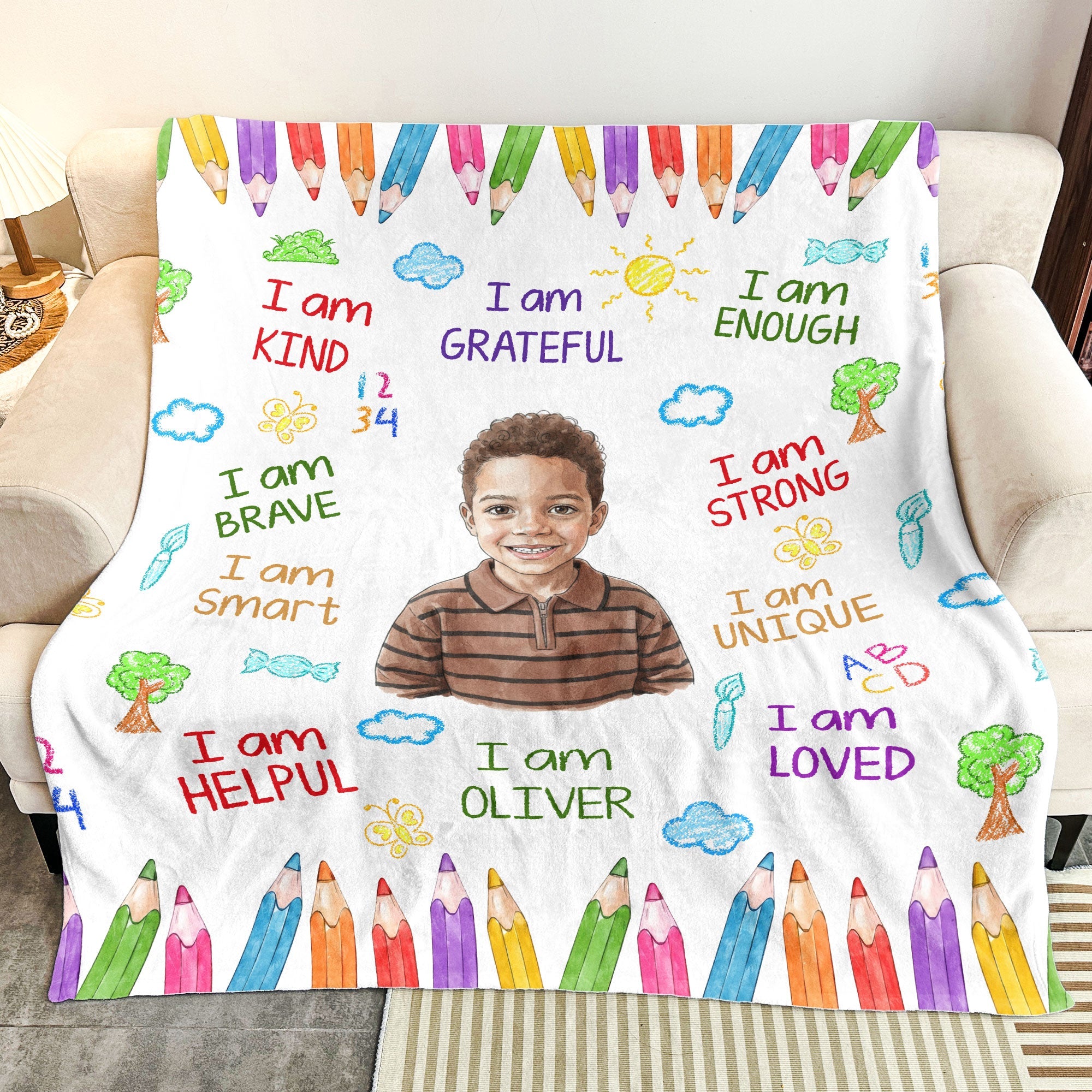 Kid Affirmations I Am Kind Smart Loved Watercolor - Personalized Blanket