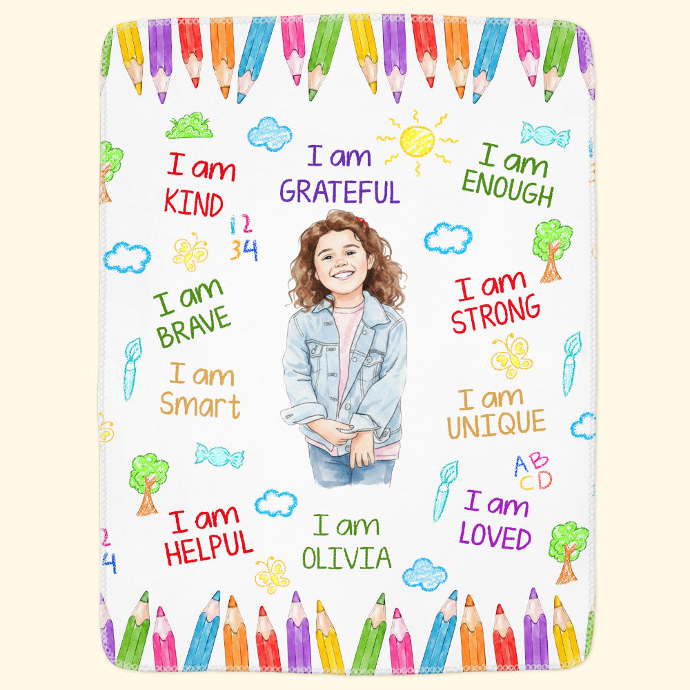 Kid Affirmations I Am Kind Smart Loved Watercolor - Personalized Blanket