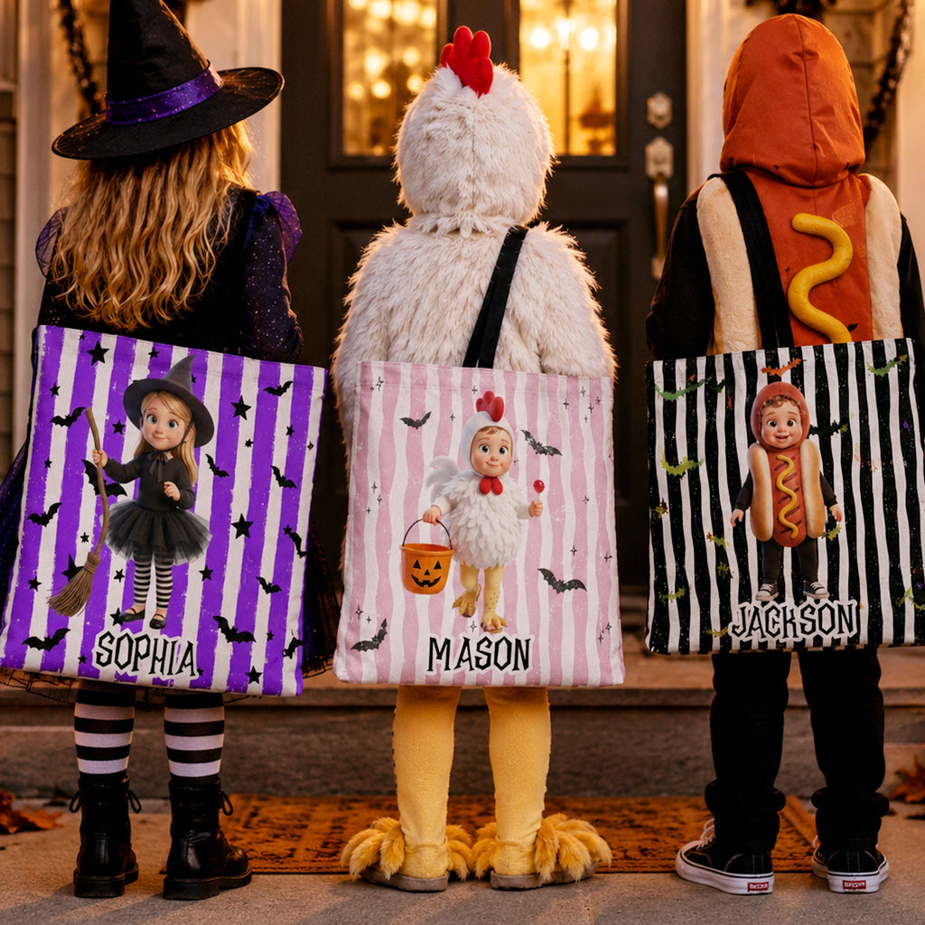 Kid Halloween Custom Cartoon Character Trick Or Treat - Personalized Tote Bag