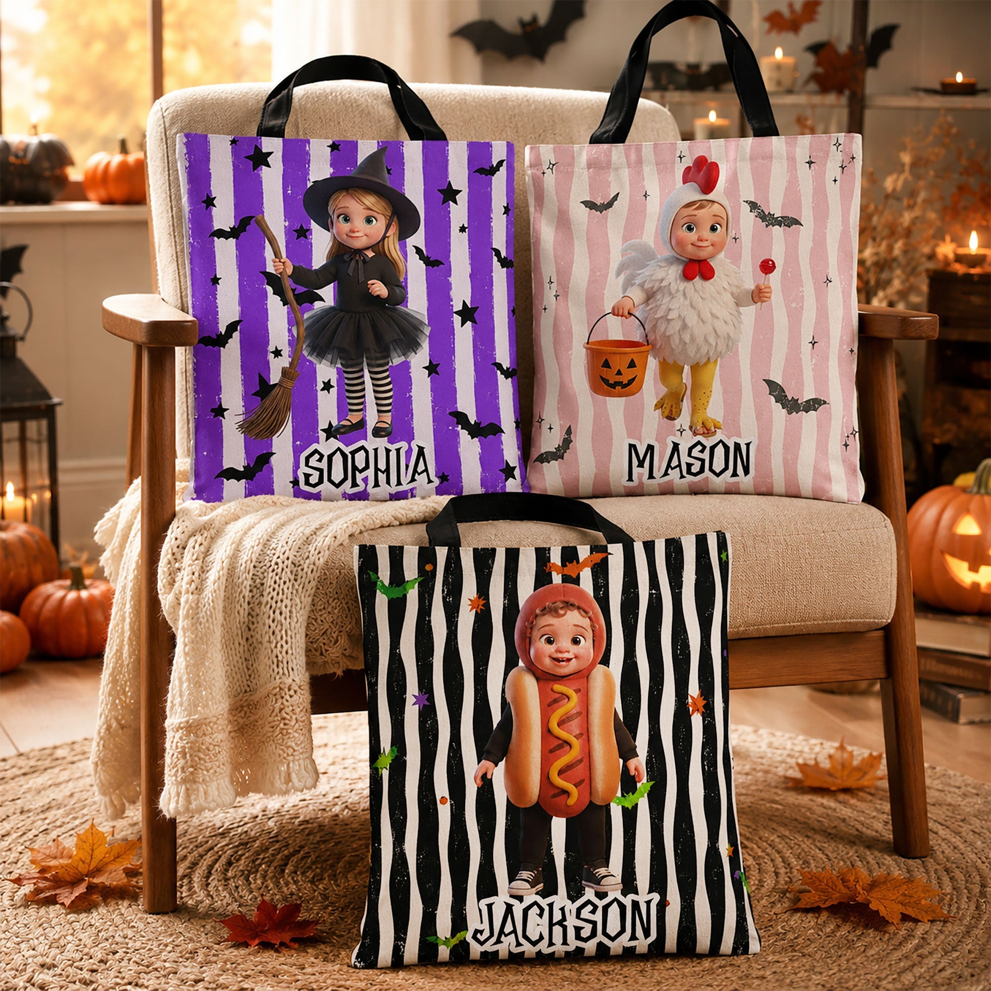 Kid Halloween Custom Cartoon Character Trick Or Treat - Personalized Tote Bag