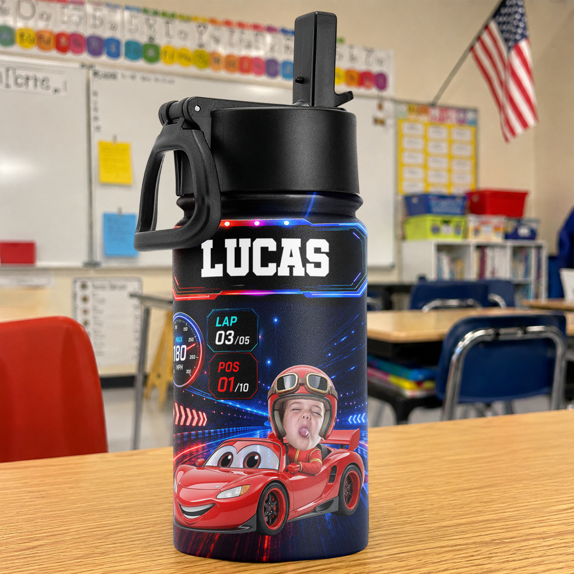 Kid Racing Custom Photo - Personalized Water Bottle