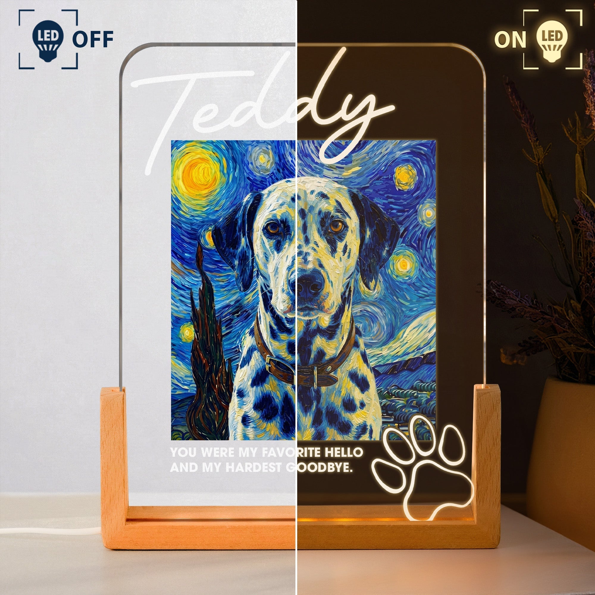 Memorial Pet Van Gogh Style My Favorite Hello & Hardest Goodbye - Personalized Night Light