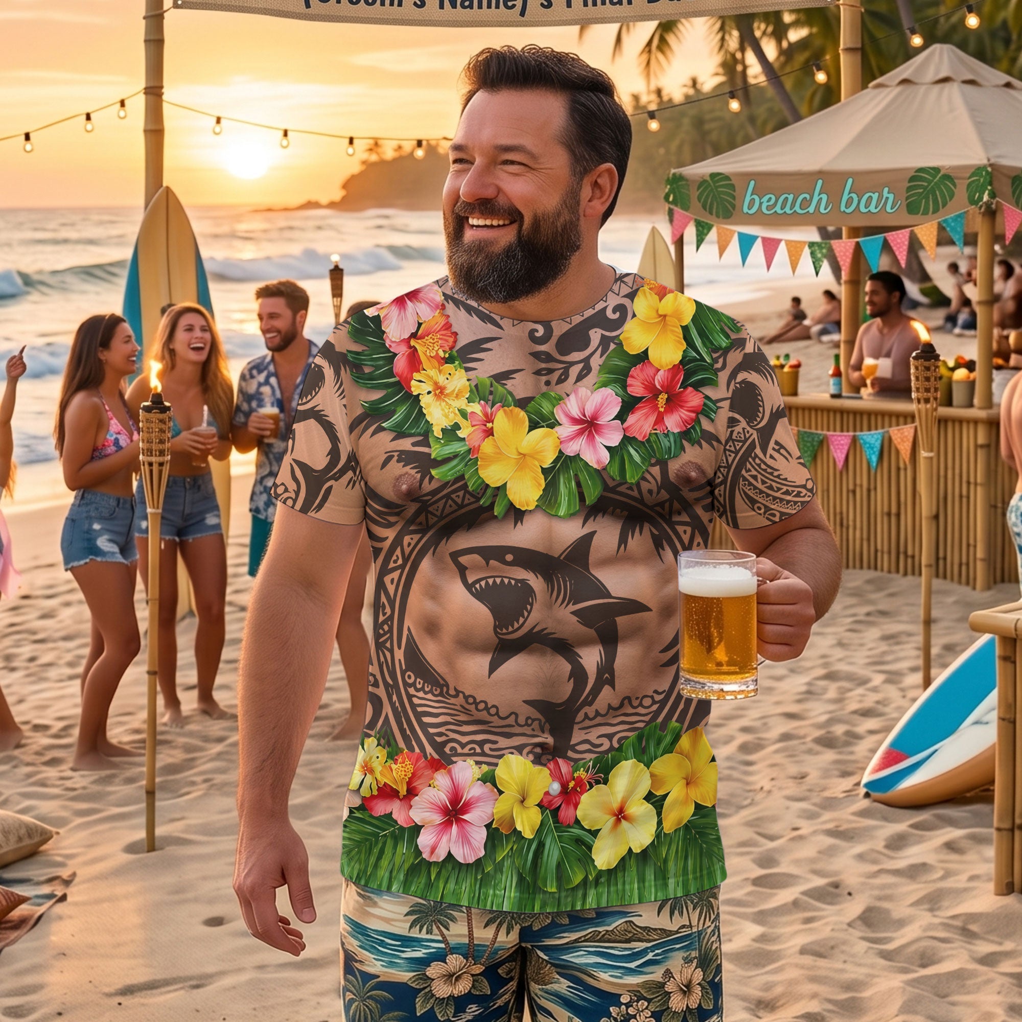 Men’s Funny 3D Aloha Hawaiian, Summer Bachelor Party Costume, Adult Humor Halloween Cosplay - Personalized Shirt
