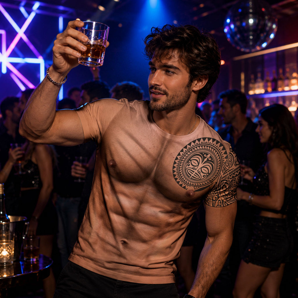 Men’s Funny 3D Muscular Aloha, Hawaiian Tattoo Body Graphic Tee, Summer Beach Party, Halloween Costume - Personalized Shirt