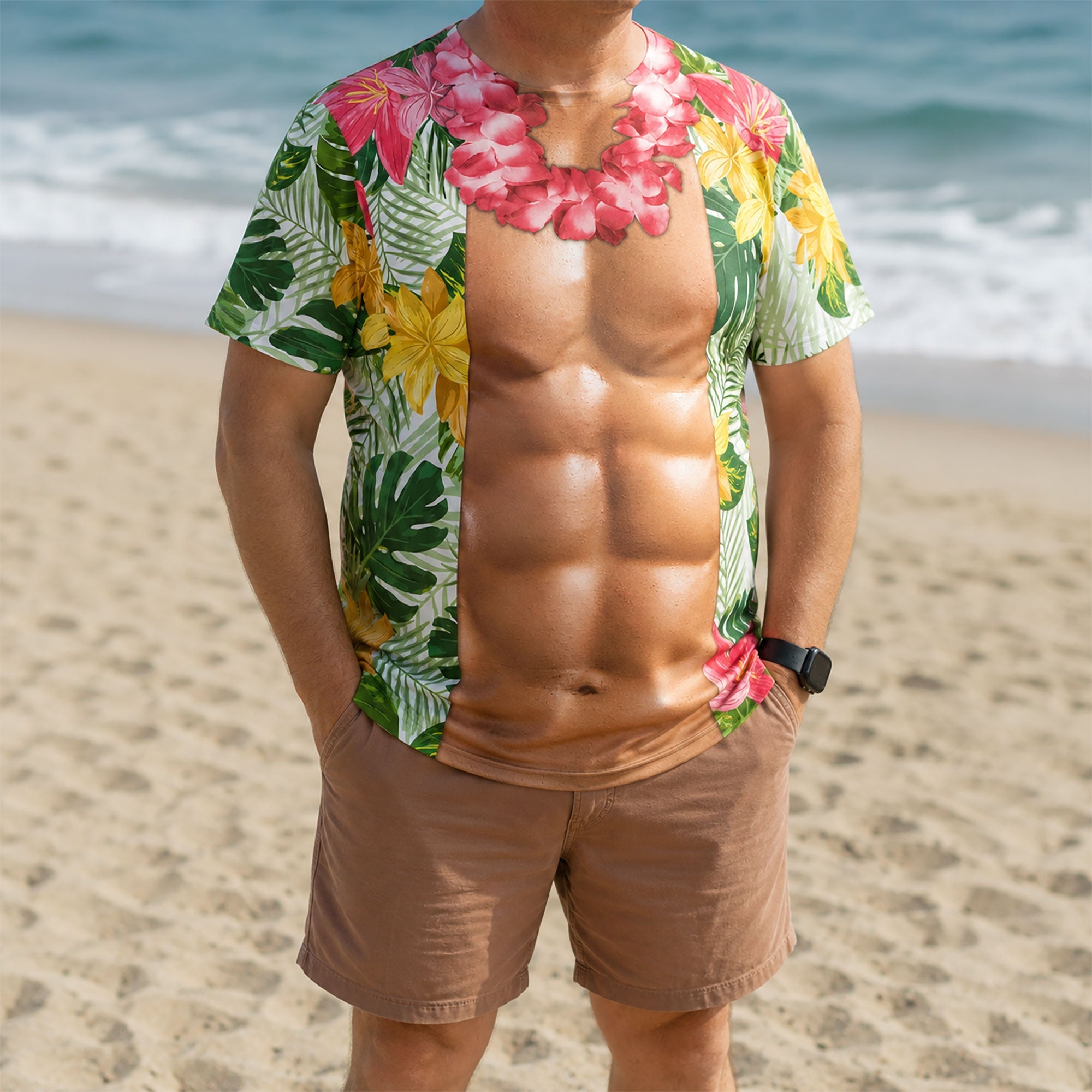 Men’s Funny 3D Muscular Body Hawaiian Shirt, Summer Tropical Floral Bachelor Party - Personalized Shirt