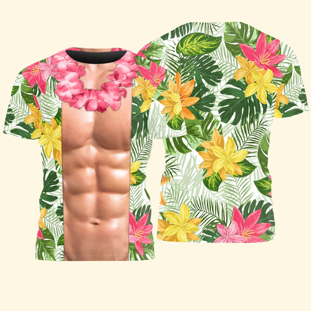 Men’s Funny 3D Muscular Body Hawaiian Shirt, Summer Tropical Floral Bachelor Party - Personalized Shirt